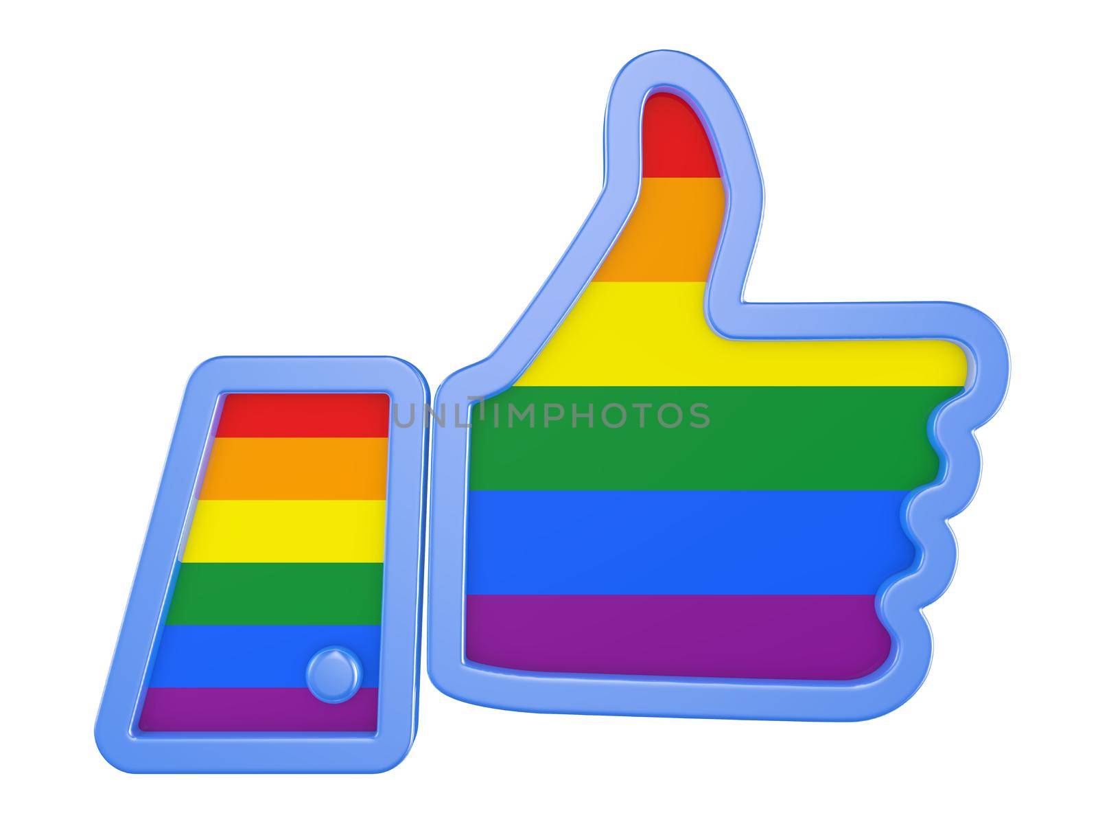 symbol of hand with thumb up with the flag of the LGBT community. 3d render.