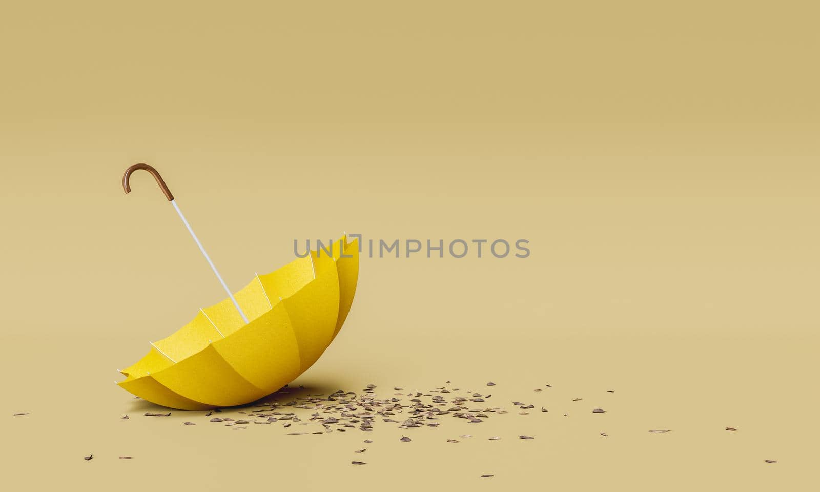 umbrella on the ground with autumn leaves around. minimal concept of autumn, winter and rain. 3d rendering