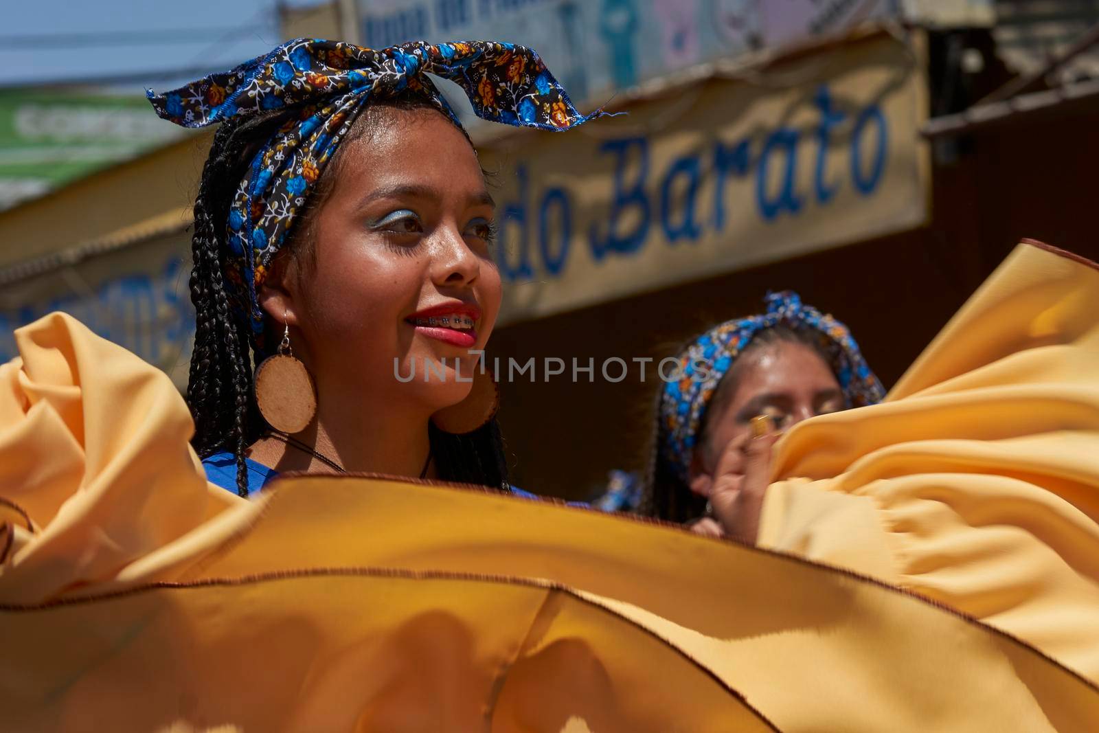 ARICA, CHILE - JANUARY 23, 2016: Group of dancers of Africa descent (Afrodescendiente) performing at the annual Carnaval Andino con la Fuerza del Sol in Arica, Chile.