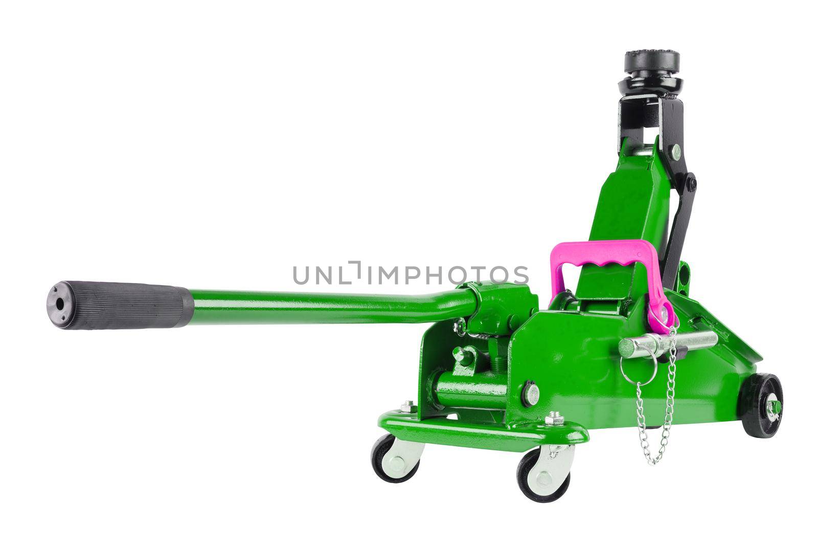 green hydraulic car jack isolated on white background, 2 ton capacity, lifted up