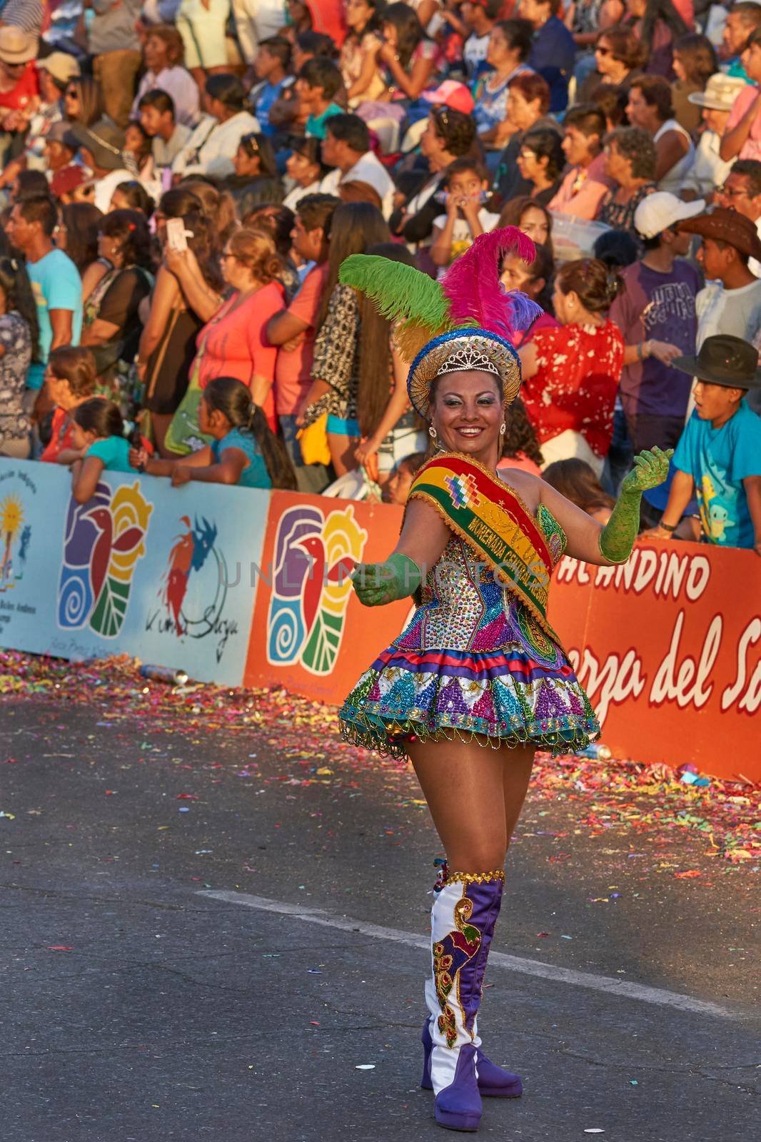 Arica, Chile - January 23, 2016: Morenada dance group performing a traditional ritual dance as part of the Carnaval Andino con la Fuerza del Sol in Arica, Chile.