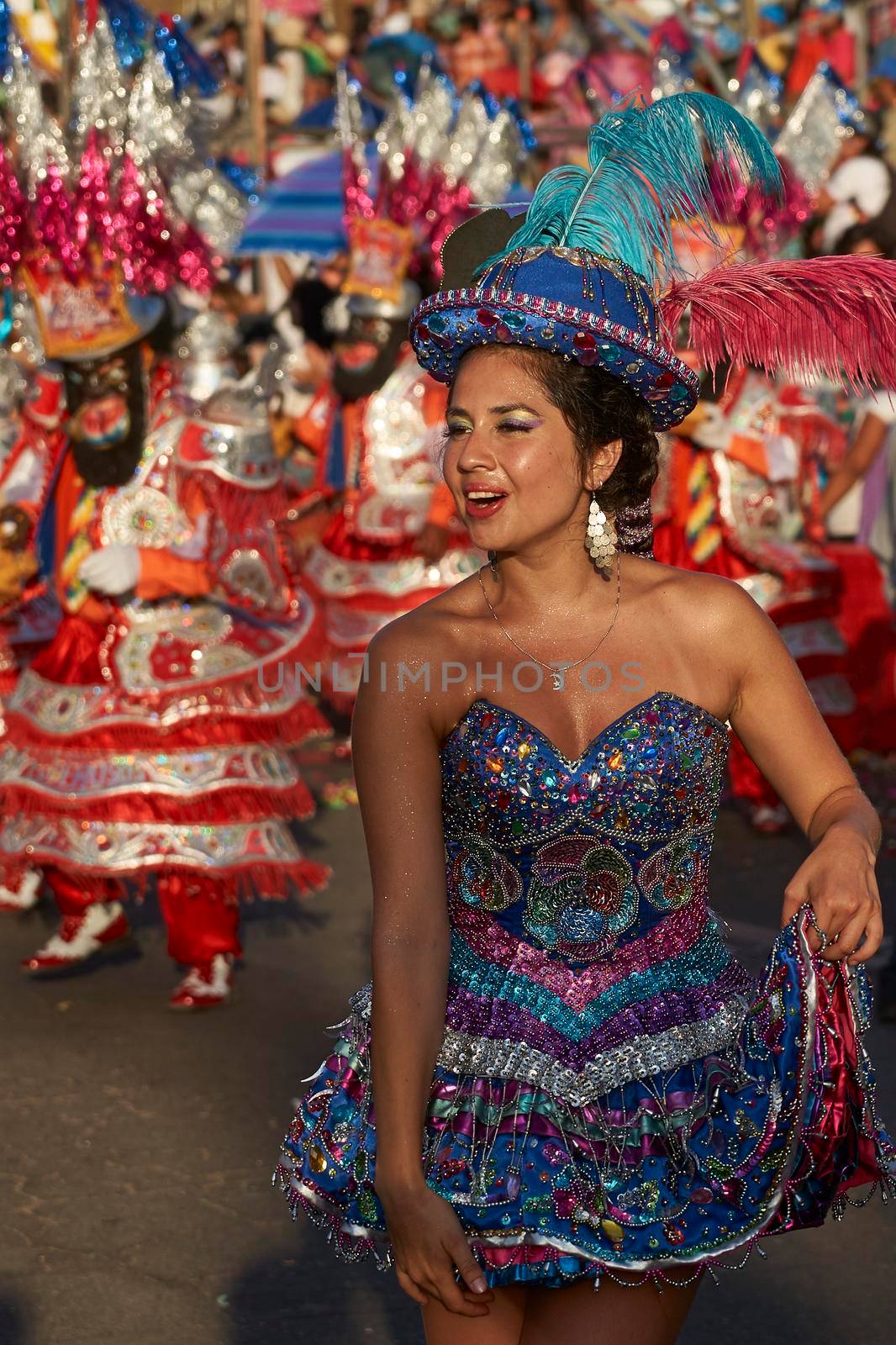 Arica, Chile - January 23, 2016: Morenada dance group performing a traditional ritual dance as part of the Carnaval Andino con la Fuerza del Sol in Arica, Chile.