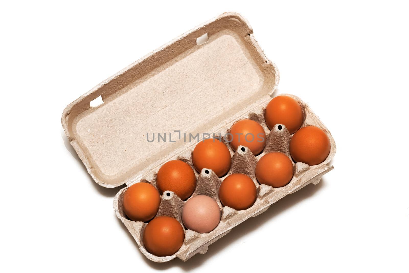 Chicken eggs in a cardboard box isolated on white background