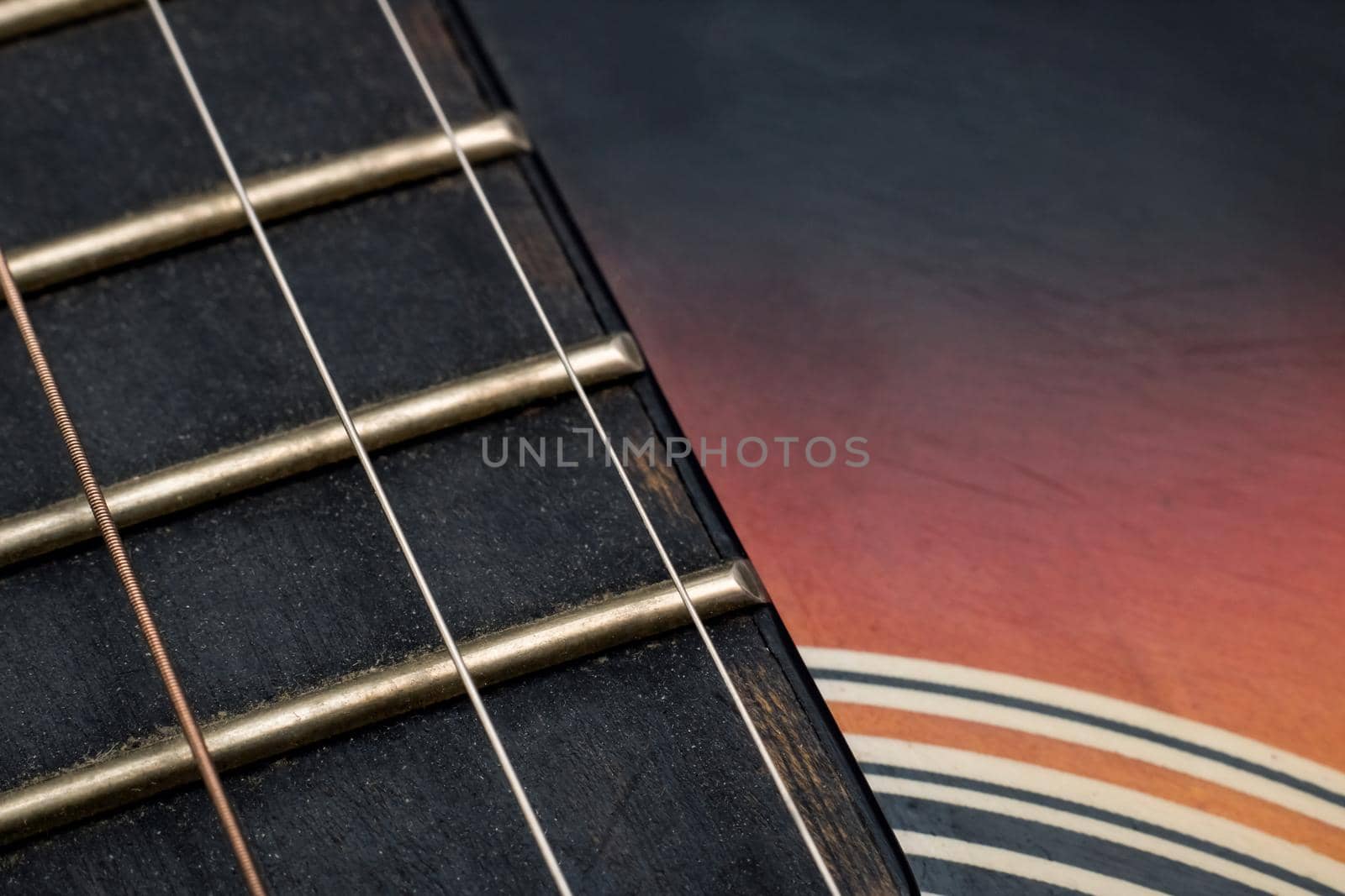 Guitar strings close up with copy space, macro photo