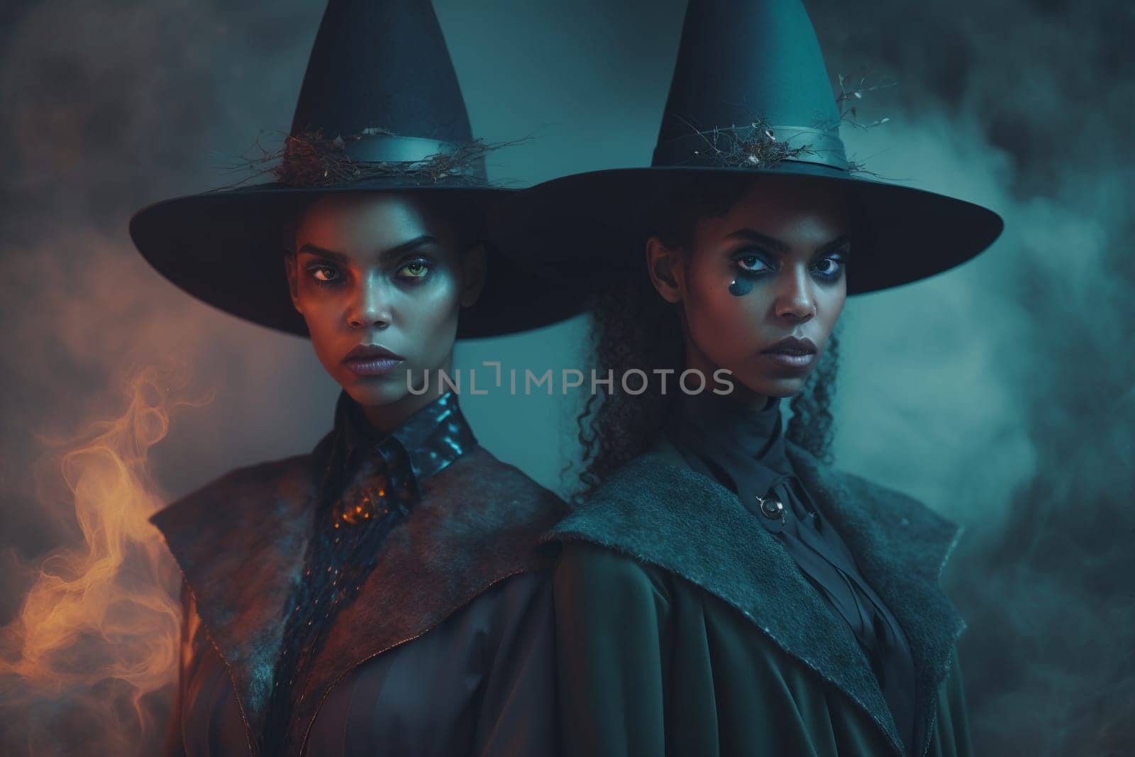 Witch with making witchcraft, magic spells, hat conjuring. Spooky dark magic forest . Magician. Wide Halloween party art design. Terrifying scary personage, beautiful sorceress.