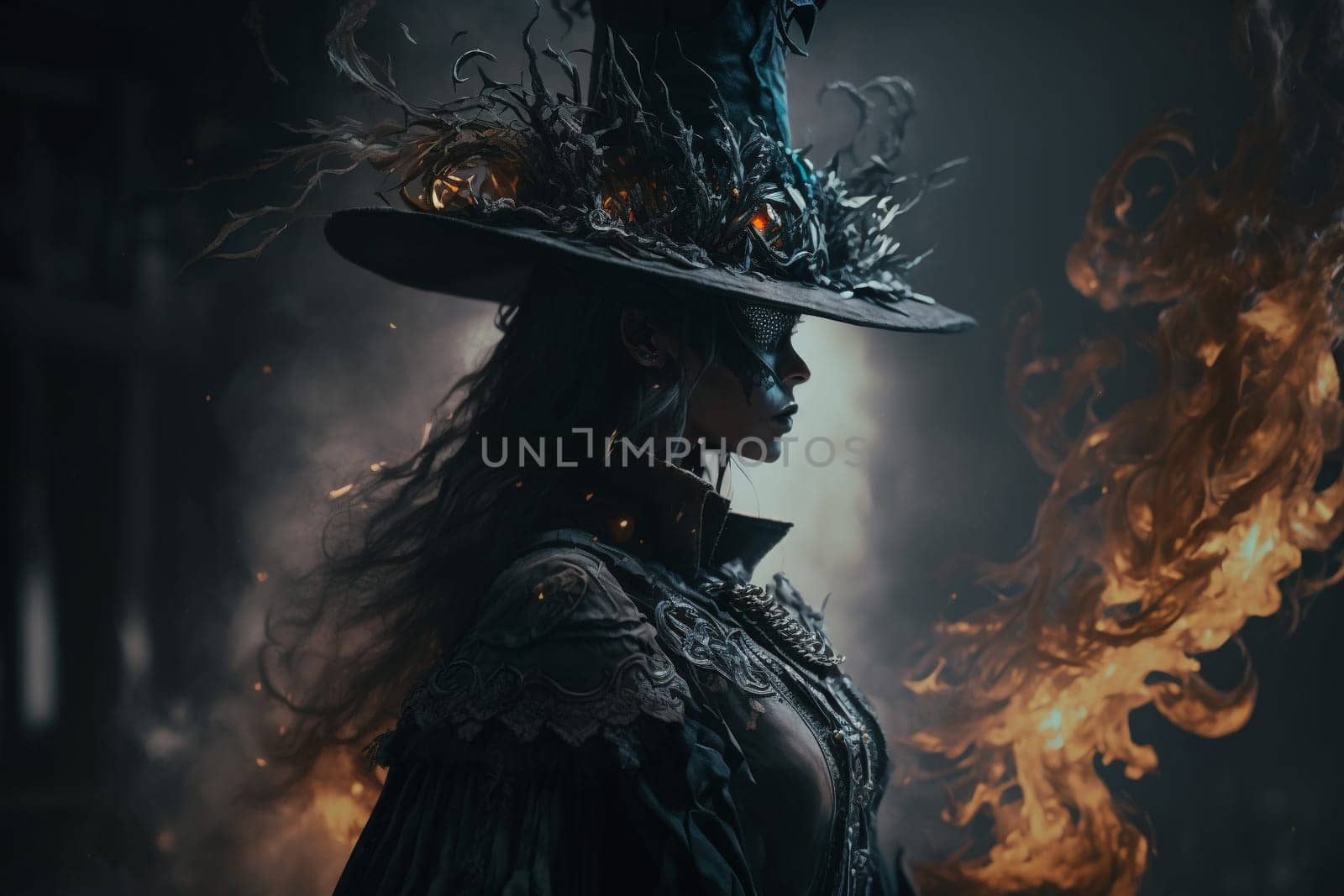 Witch with making witchcraft, magic spells, hat conjuring. Spooky dark magic forest . Magician. Wide Halloween party art design. Terrifying scary personage, beautiful sorceress.