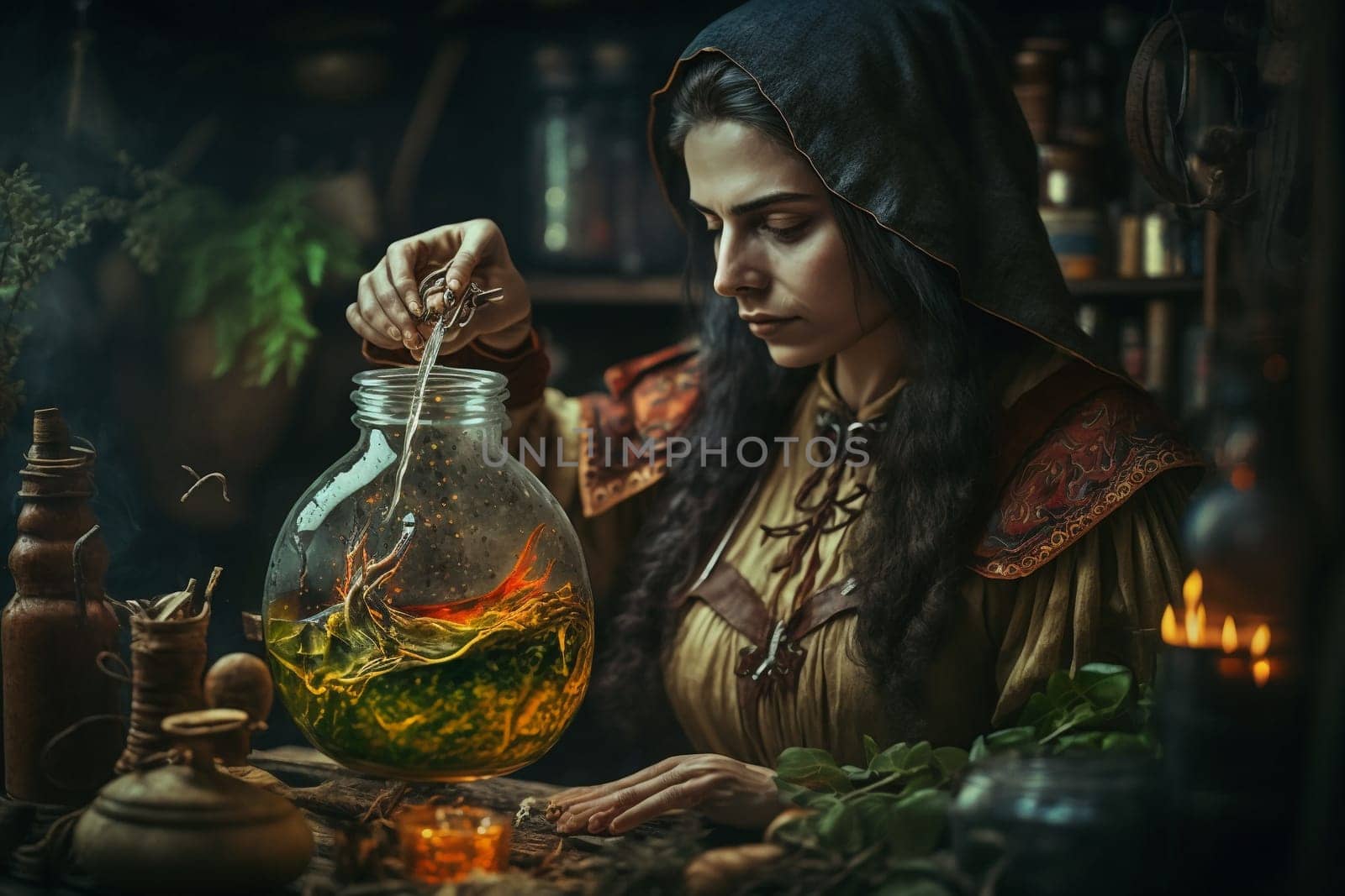 Witch with making witchcraft, magic spells, hat conjuring. Spooky dark magic forest . Magician. Wide Halloween party art design. Terrifying scary personage, beautiful sorceress.