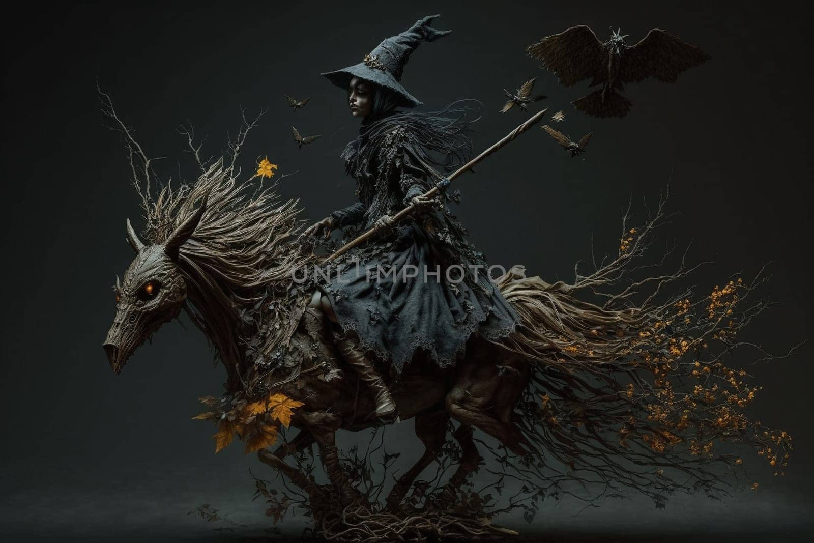 Witch with making witchcraft, magic spells, hat conjuring. Spooky dark magic forest . Magician. Wide Halloween party art design. Terrifying scary personage, beautiful sorceress.