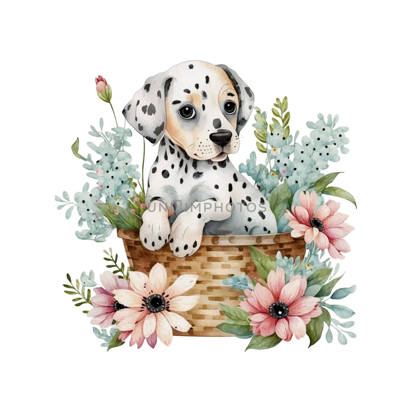 Baby Dalmatian Puppy in Flower Basket. Cute puppy in basket watercolor illustration. by Skyecreativestudio