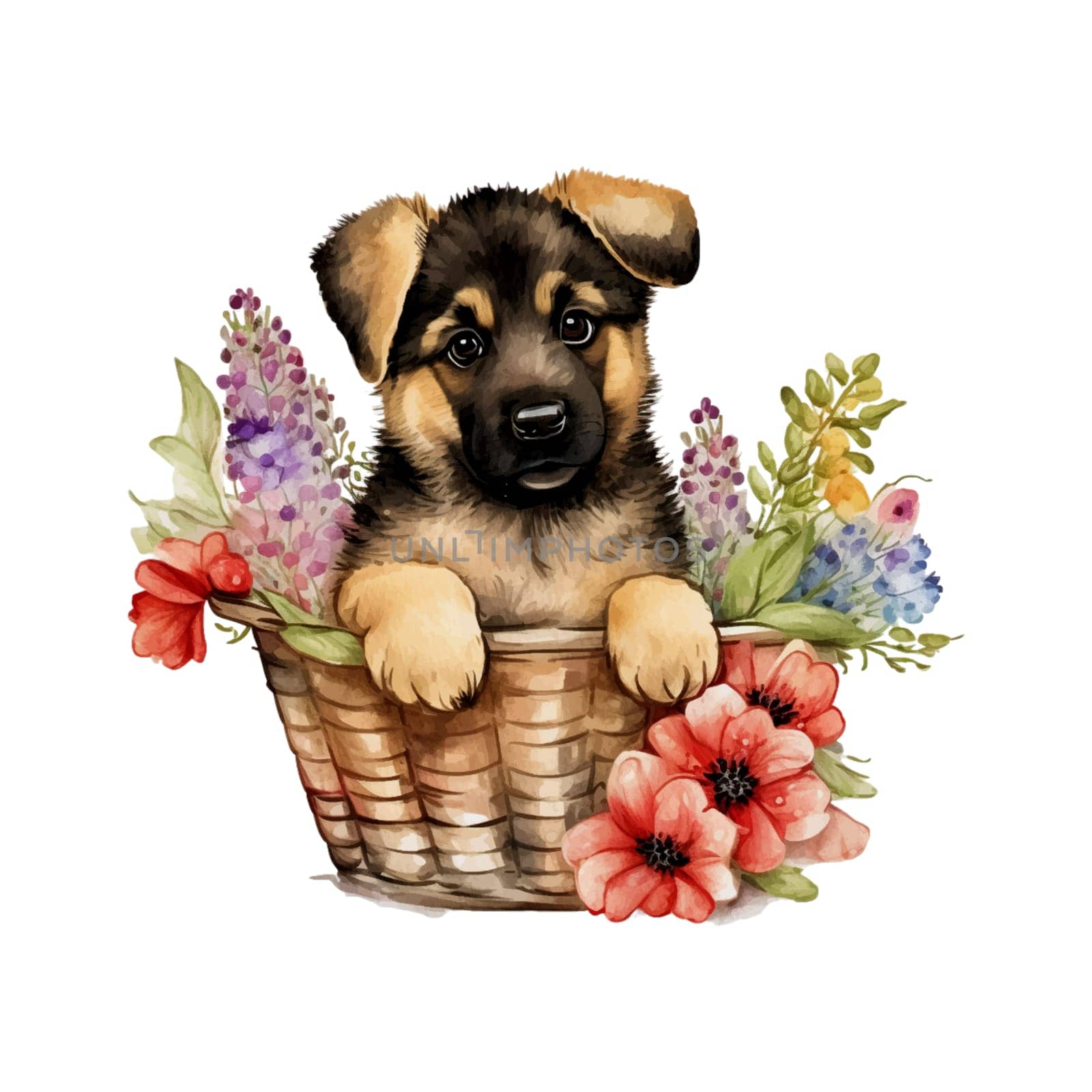 Baby German Shepherd Puppy in Flower Basket. Cute puppy in basket watercolor illustration for design element, invitation card, sublimation, painting, wall art and more.