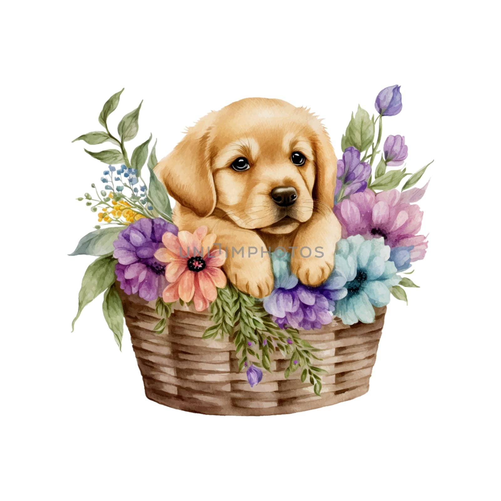 Baby Golden Retreiver Puppy in Flower Basket. Cute puppy in basket watercolor illustration for design element, invitation card, sublimation, painting, wall art and more.
