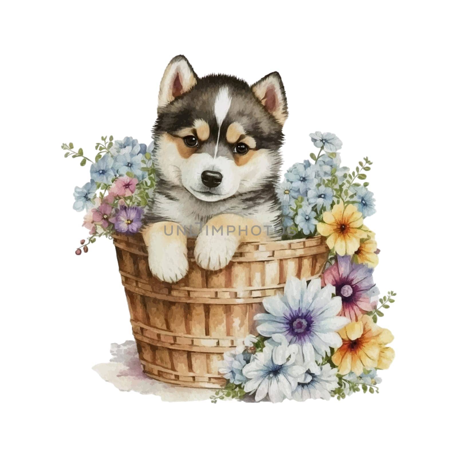 Baby Siberian Husky Puppy in Flower Basket. Cute puppy in basket watercolor illustration for design element, invitation card, sublimation, painting, wall art and more.