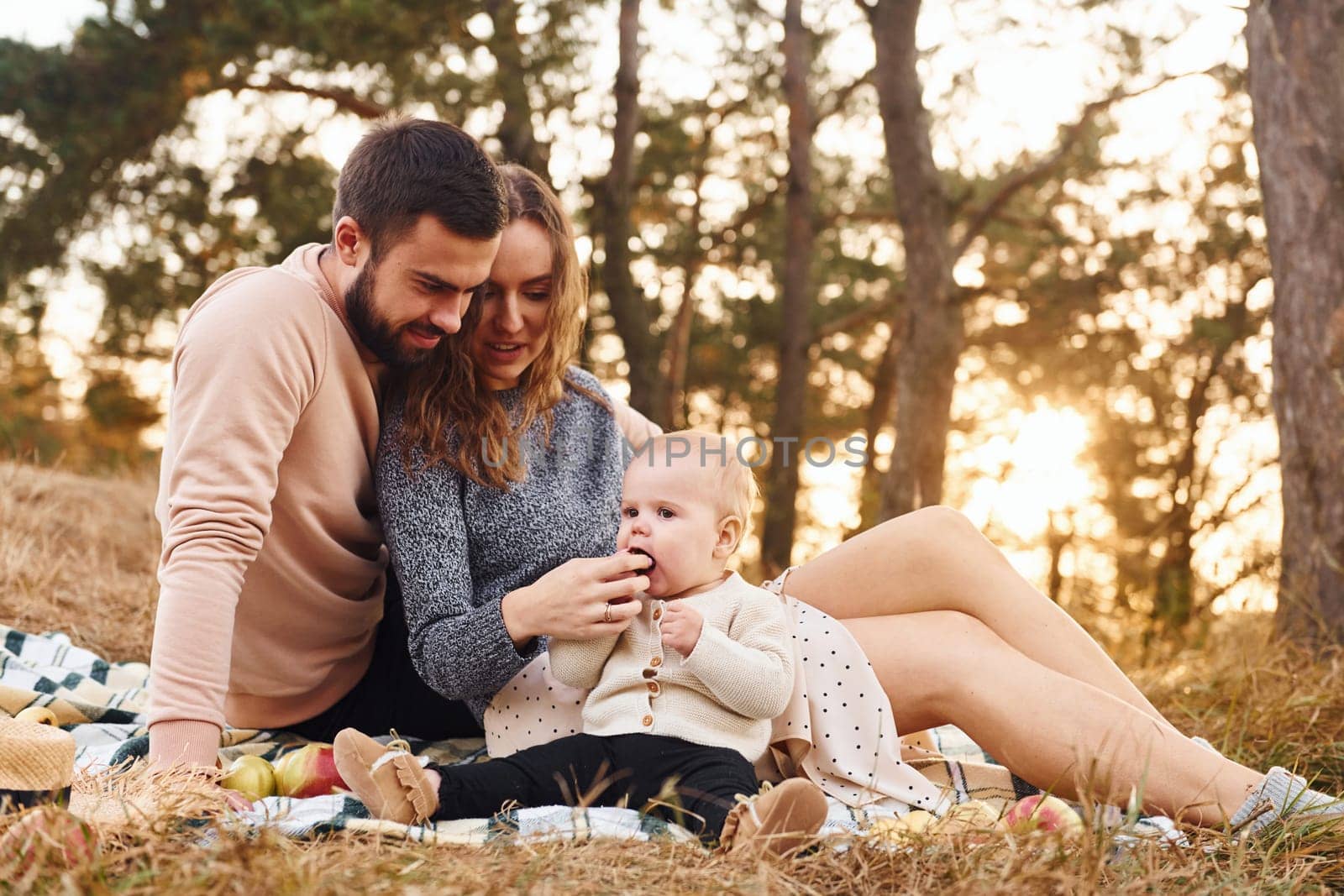 Haves picnic. Happy family of mother, family and little baby rests outdoors. Beautiful sunny autumn nature.