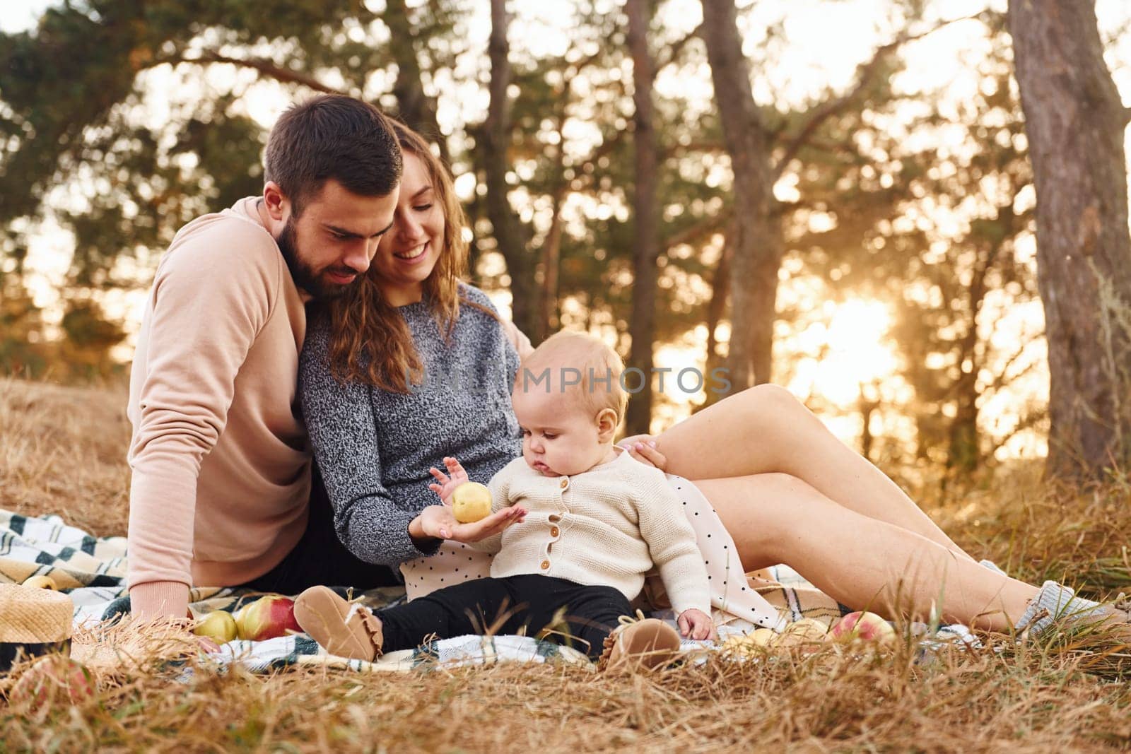 Haves picnic. Happy family of mother, family and little baby rests outdoors. Beautiful sunny autumn nature.