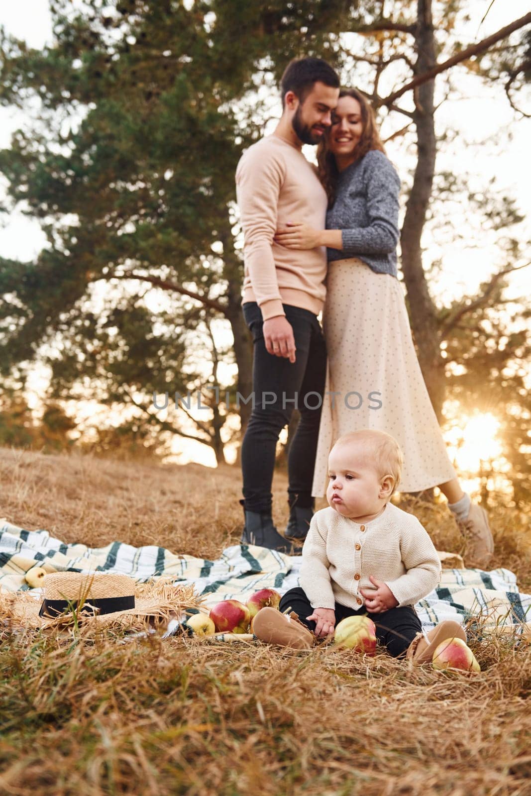 Haves picnic. Happy family of mother, family and little baby rests outdoors. Beautiful sunny autumn nature by Standret