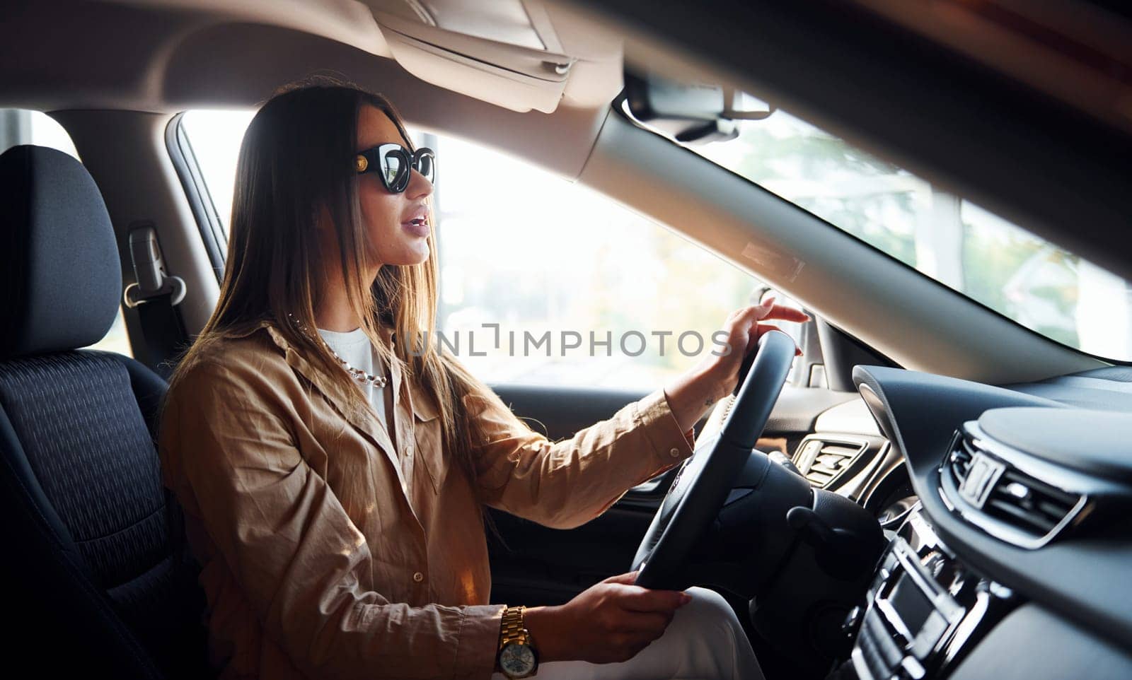 Side view of fashionable beautiful young woman that is inside her modern automobile.