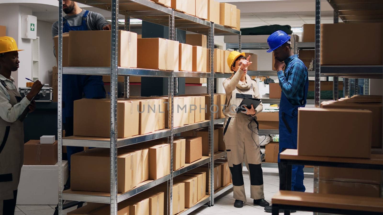 African american man using scanner and tablet, scanning barcodes of goods packed in cardboard boxes. Male employee working in storage room with cargo and merchandise for shipment.