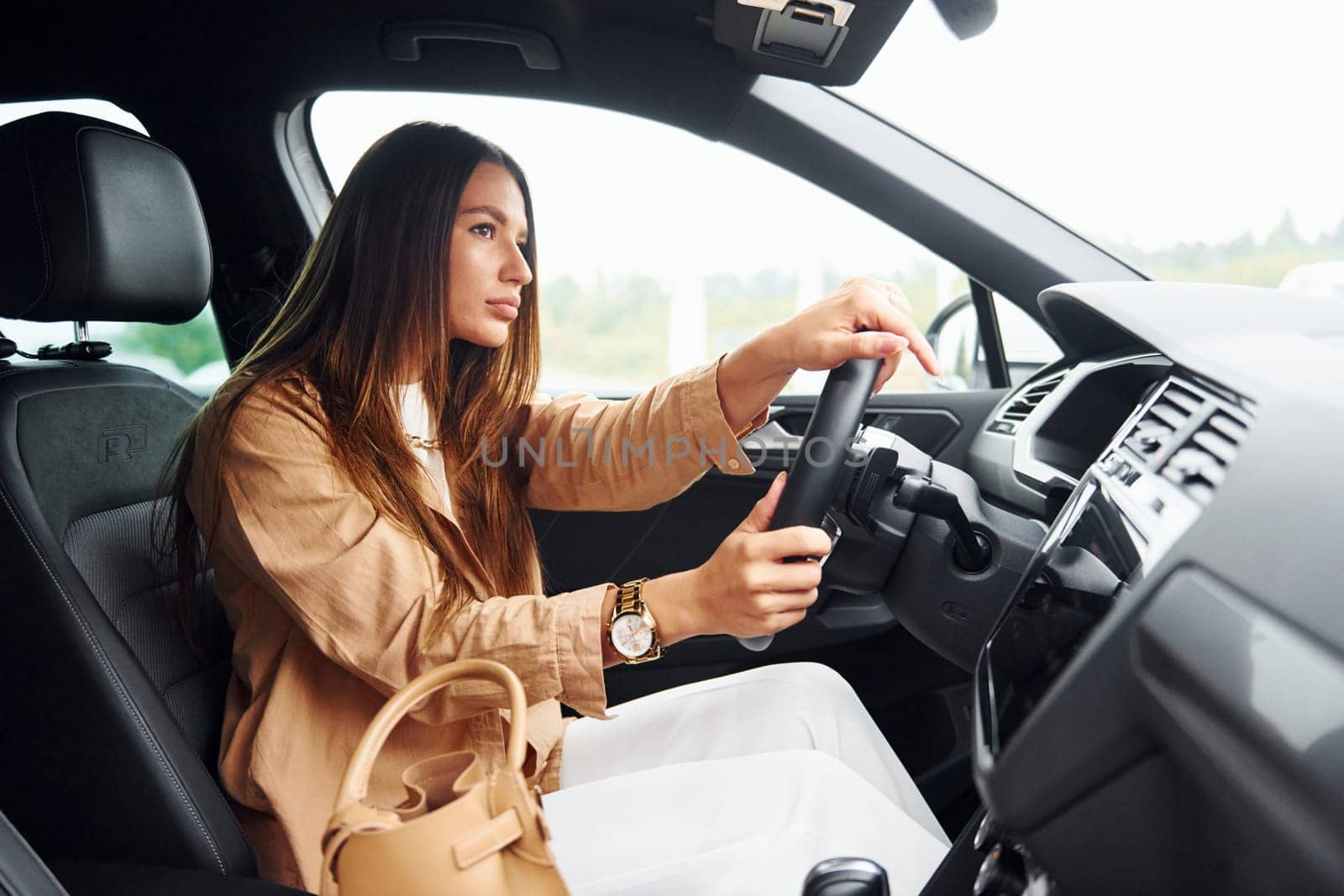 Side view of fashionable beautiful young woman that is inside her modern automobile.