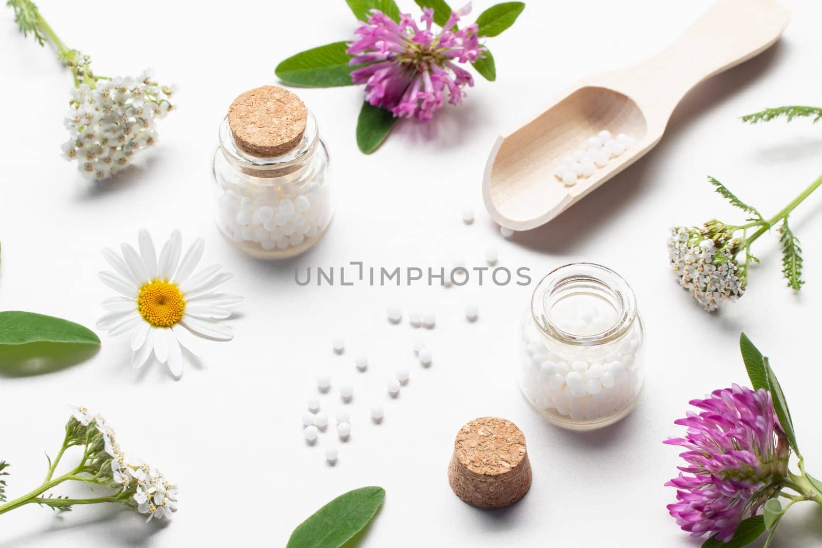 Composition of homeopathic medicines and medicinal plants on a white table.