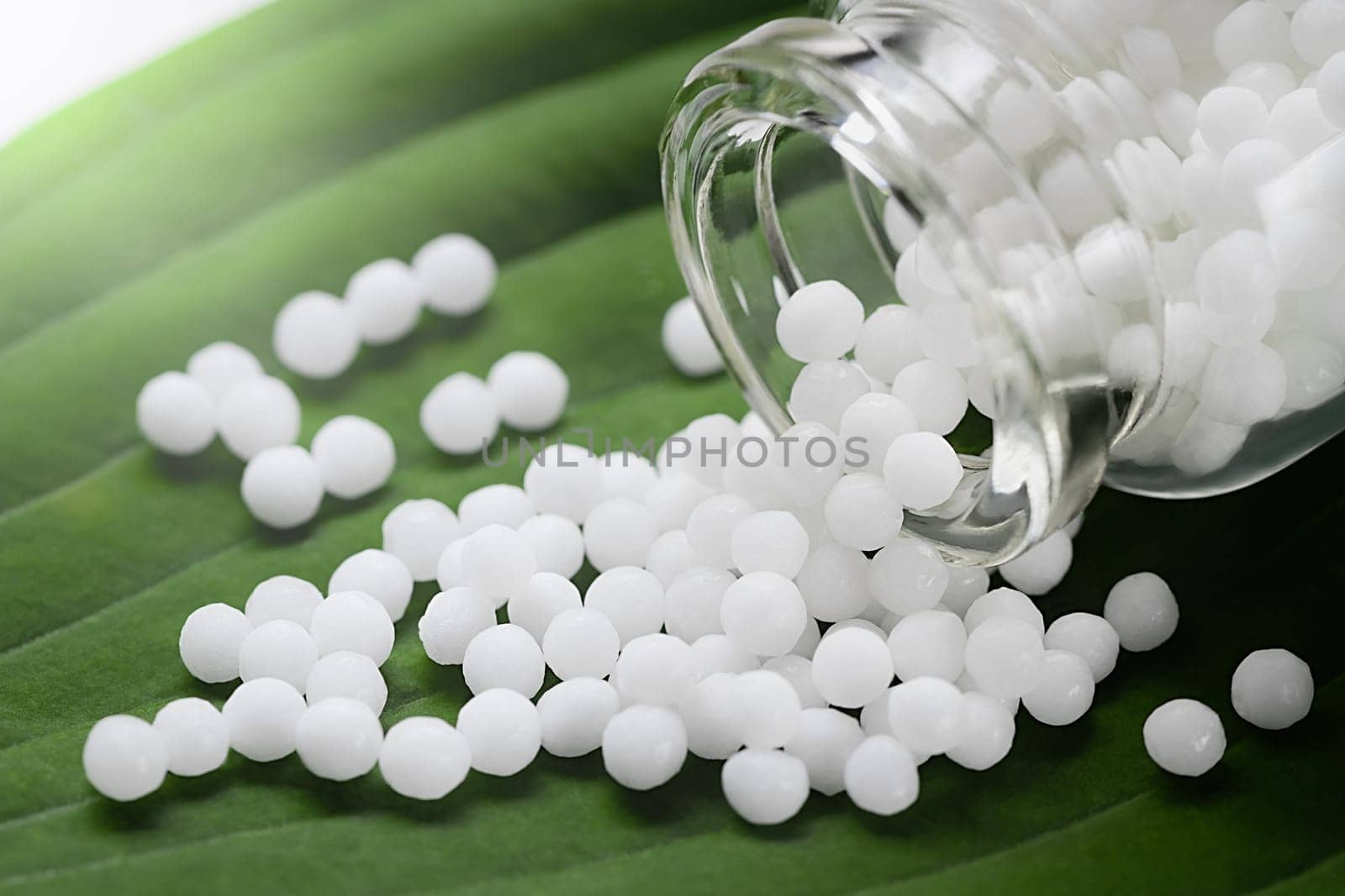Homeopathic pills scattered from a bottle on a green leaf, closeup