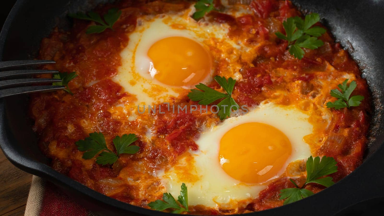 Two egg shakshuka in tomato sauce with fresh tomatoes, spices and herbs. Close-up scrambled eggs.