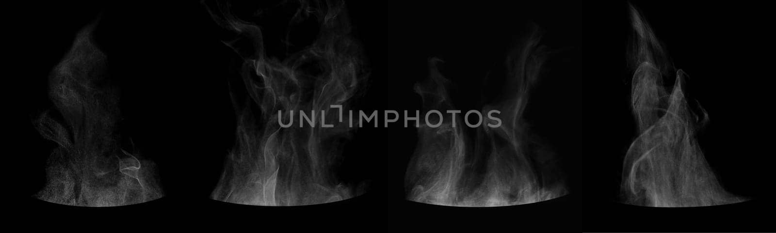 Set of steam from round dishes - pots, mugs or cups isolated on black background.