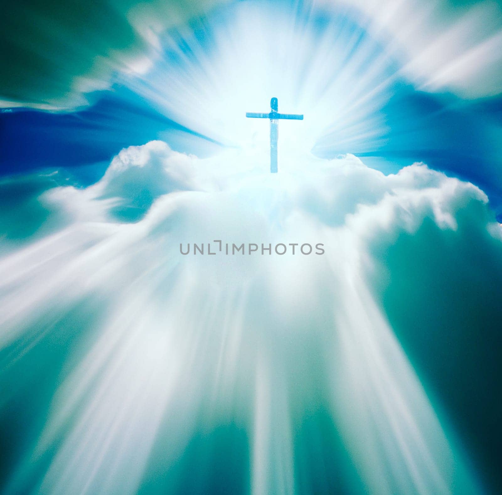 Religious background with Holy Cross glowing. Christian cross in a sky with some clouds. Cross Crucifixion Of Jesus Christ. Heaven and Hell. Crucifixion on a white background, religion can be used as a background. Generative AI by Costin