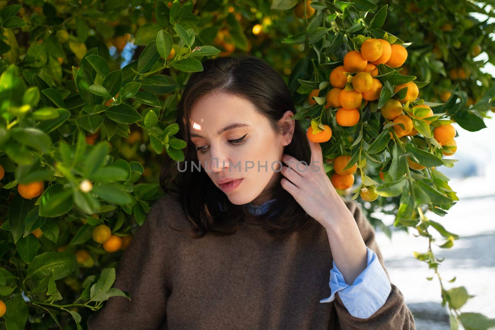 Woman standing near mandarin tree looking down. Portrait caucasian female wit tangerine tree