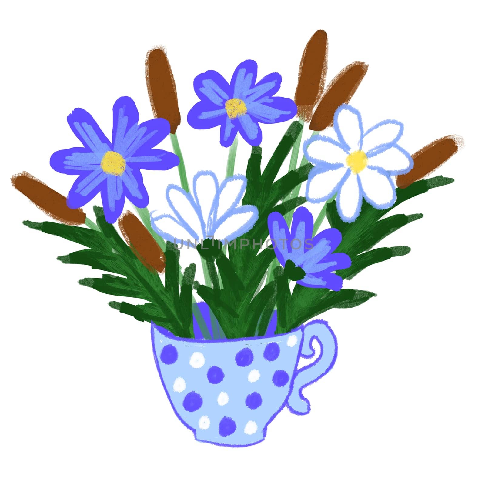 Hand drawn illustration of blue wild flowers in cup. Floral summer spring design for poster invitation, bloom blossom nature foliage leaves bouquet in cartoon doodle style, cafe decoration