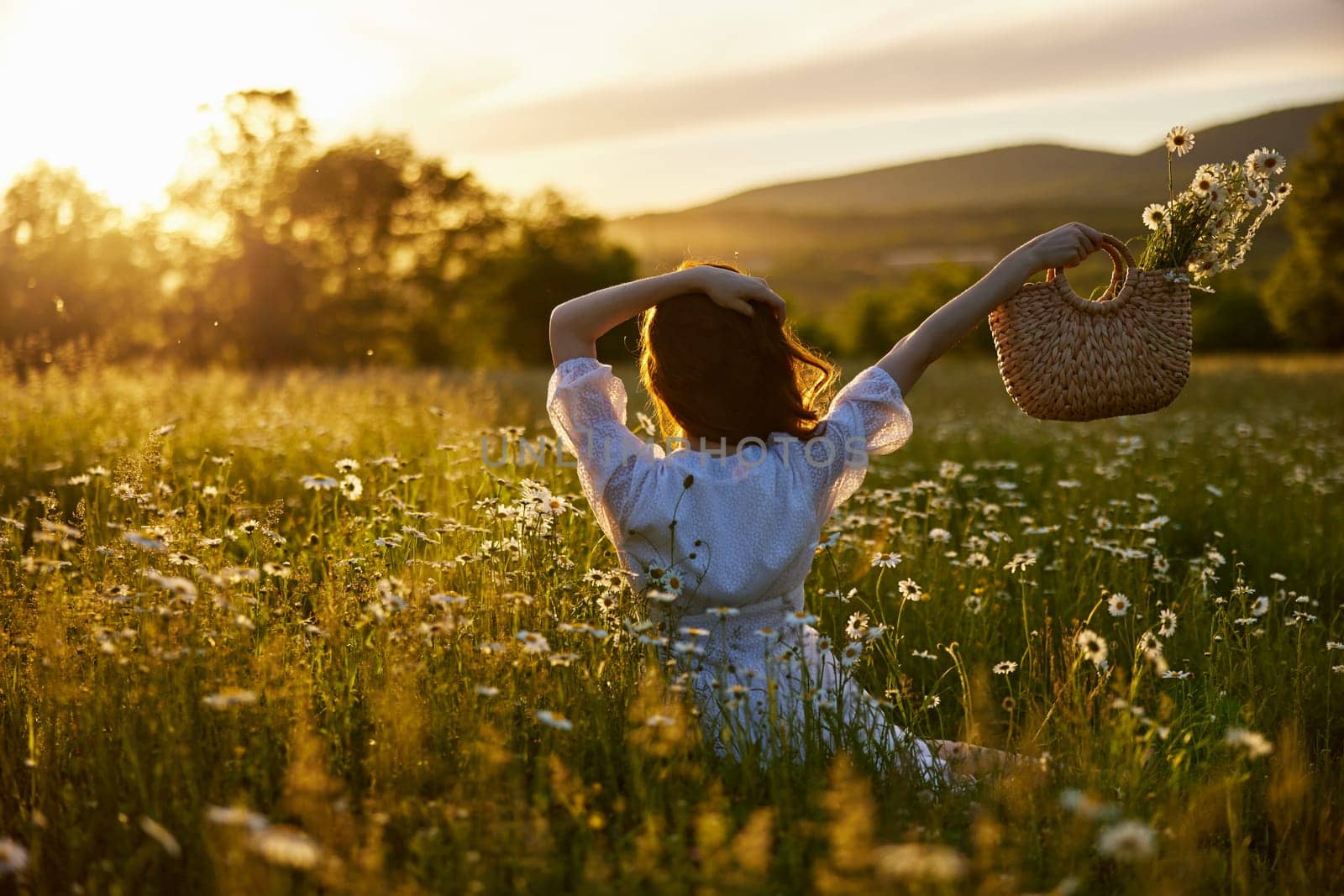 silhouette of a woman in a light dress sits in a chamomile field at sunset and holds a wicker basket of flowers raised in her hand by Vichizh