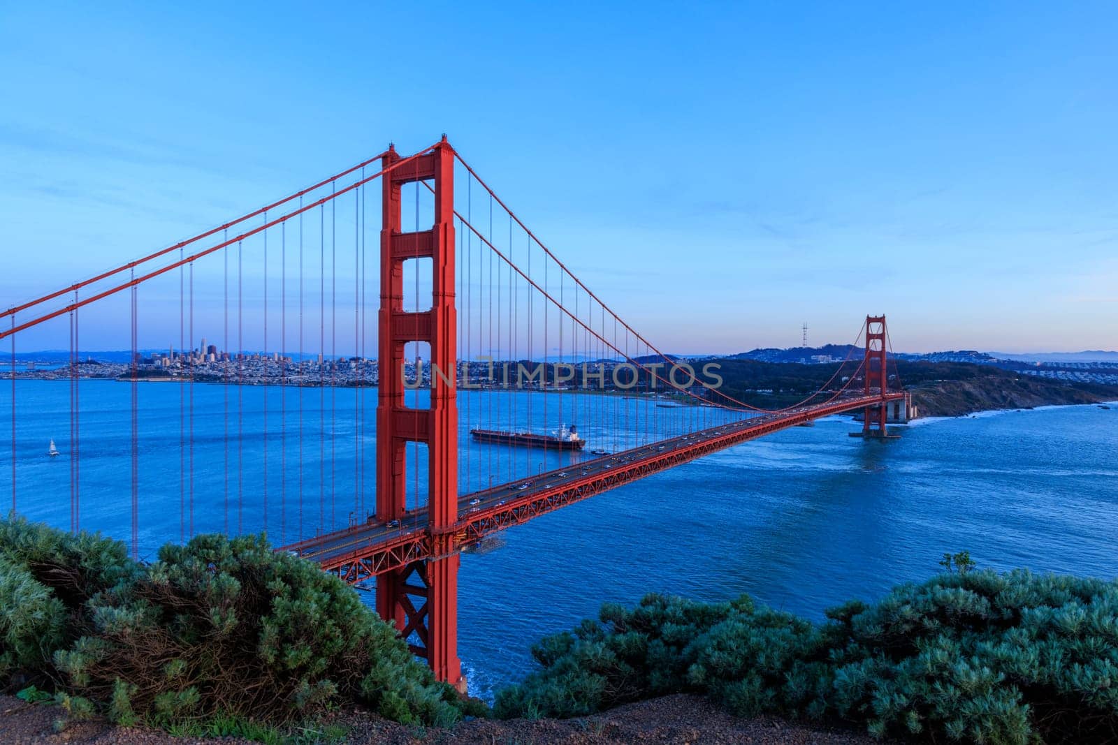 Cargo ship sails under iconic Golden Gate Bridge to San Francisco in blue hour. High quality photo