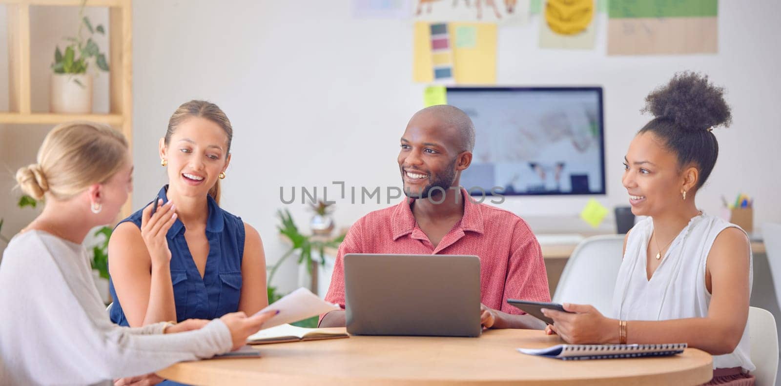 Business people, startup meeting and discussion with laptop in office for planning, goal or teamwork. Group, diversity and support for black man, women or documents for proposal, solution or strategy.