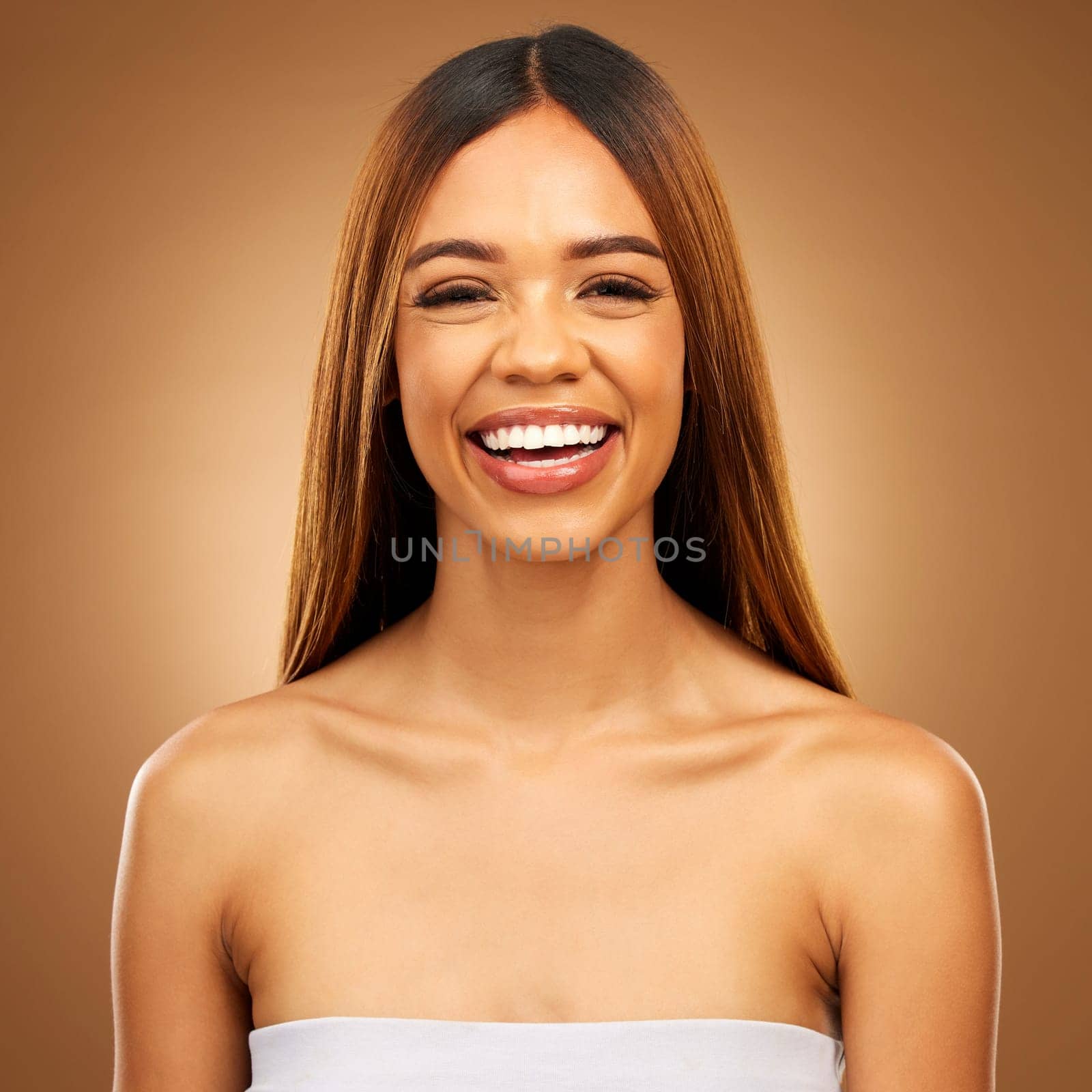 Smile, hair care and portrait of woman in studio for growth and color shine or healthy texture. Aesthetic female happy for haircare, natural beauty and hairdresser or salon gradient brown background by YuriArcurs