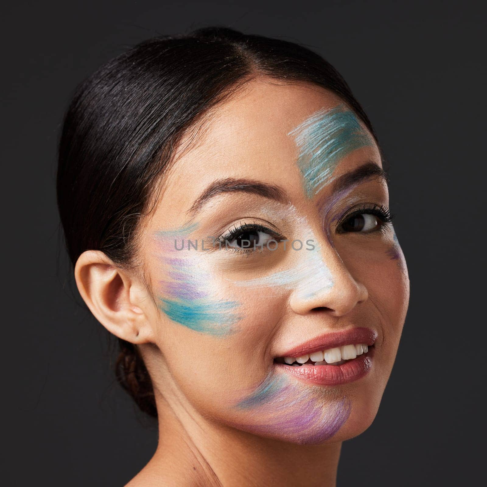 Beauty, face paint and smile, portrait of woman with creative makeup, art and self expression. Skincare, creativity and color in artistic cosmetics, skin and freedom to express for beautiful girl