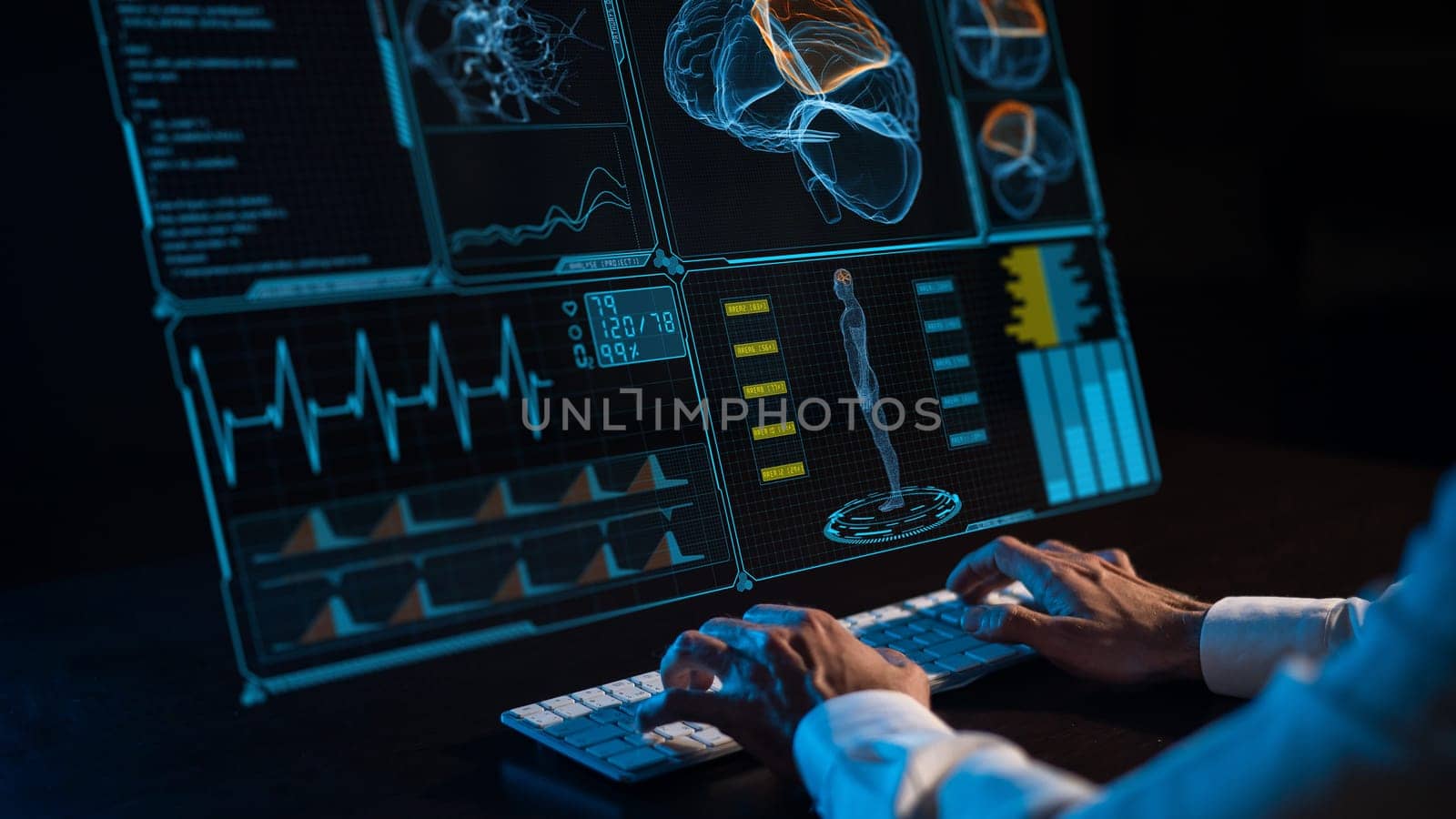 Caucasian man sits in the dark in front of a virtual menu. Close-up of male hands on the keyboard