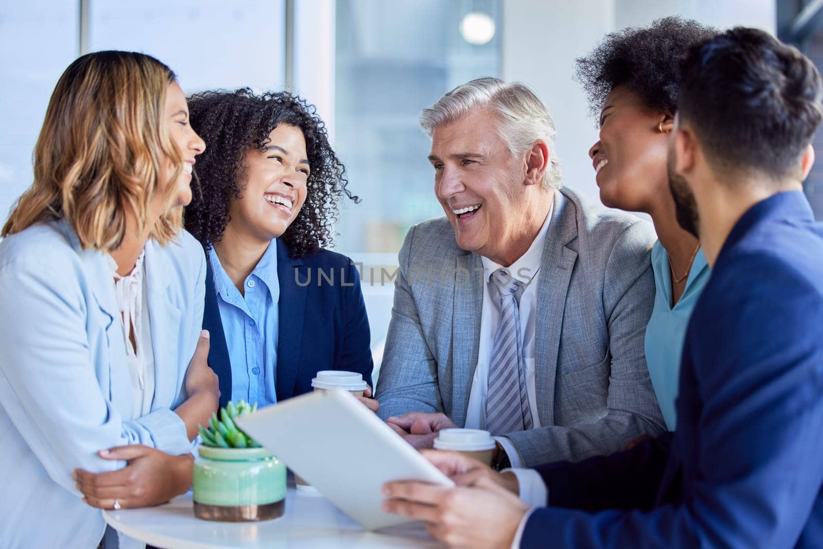 Business people, tablet and laughing for funny meme, joke or social media post together at the office. Corporate CEO laugh with employees on touchscreen for fun comedy or team building at workplace.