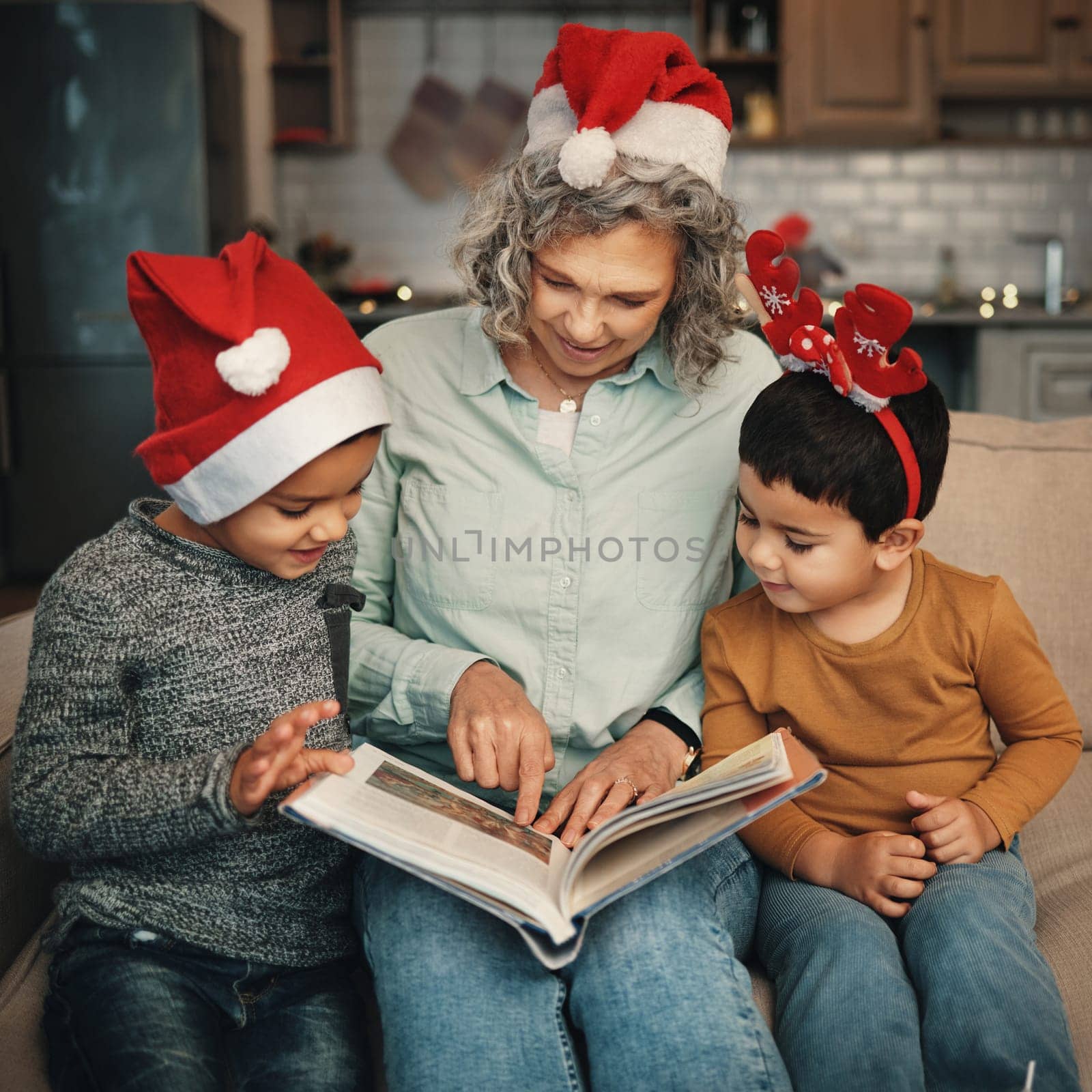Christmas, books or reading with a grandmother and kids looking at photographs during festive season. Family, love or celebration with a senior woman and grandchildren holding a story book.