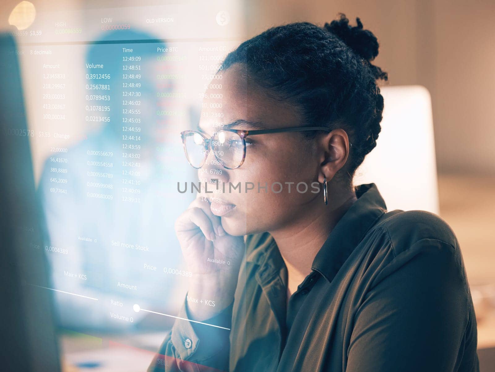 Overlay, programming and coding with a black woman developer thinking while working on a ux, ai or 3d interface. Computer, software and data with a female employee or programmer reading code at work.