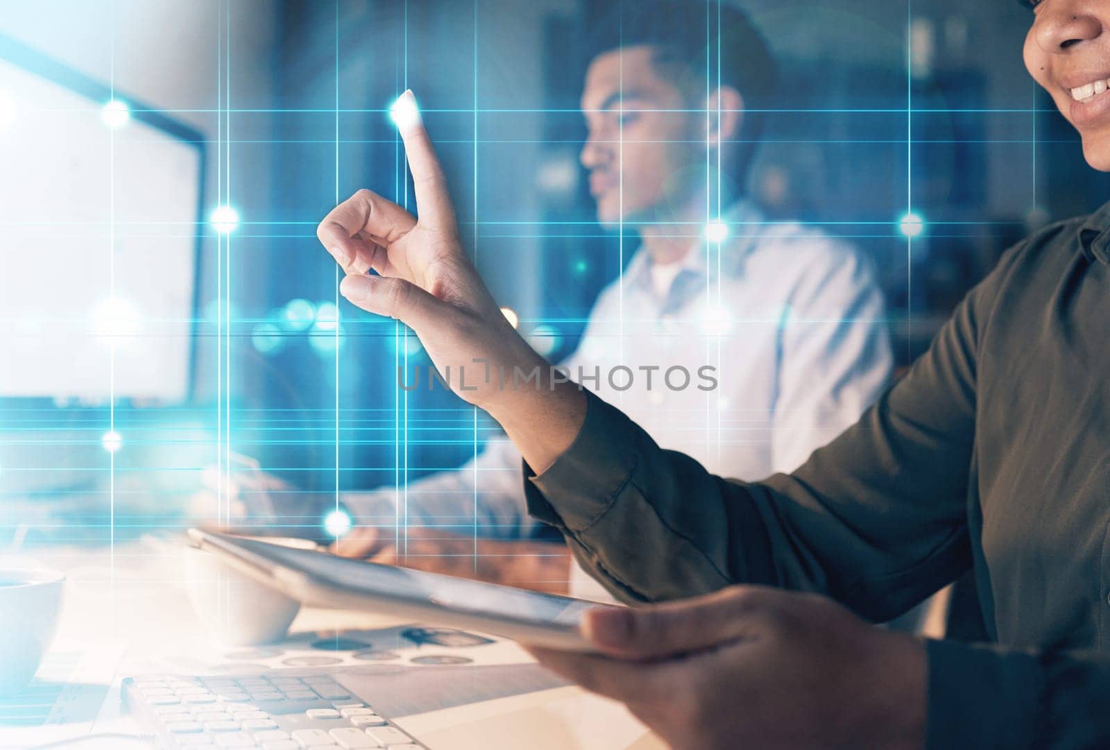 Woman, hands and tablet with hologram for digital marketing at night for technology innovation or transformation at office. Hand of female on touchscreen touching futuristic holographic 3D dashboard.