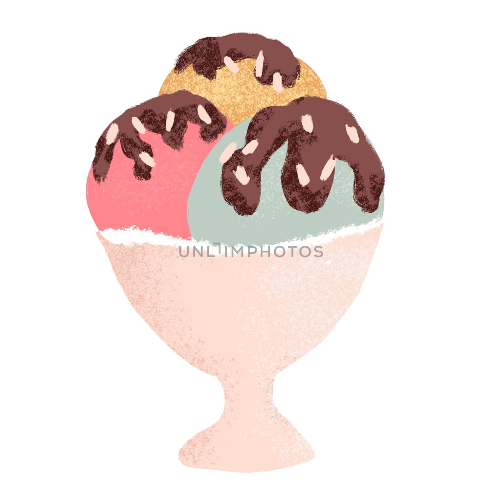 Hand drawn illustration of ice cream in cup bowl, retro vintage style. Pink mint yellow round shape with chocolate, sweet tasty summer holiday food, fun design for colorful beach art. by Lagmar