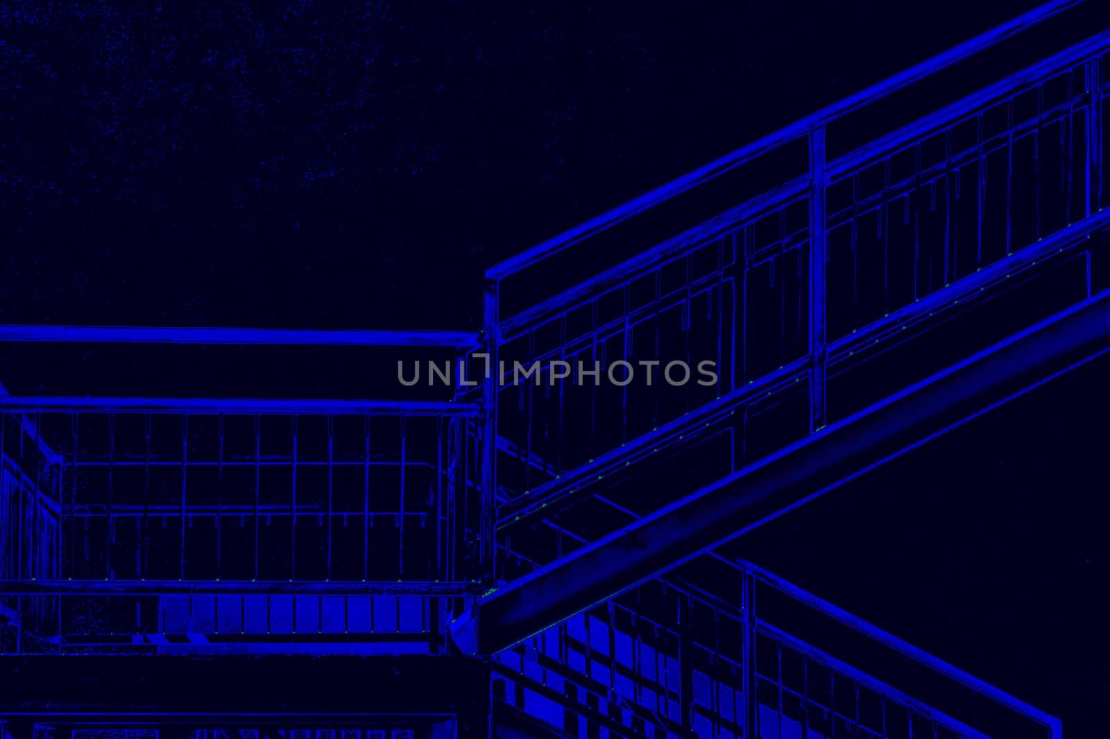 Blue metallic staircase landing and wall in dark blue night moonlight by jovani68