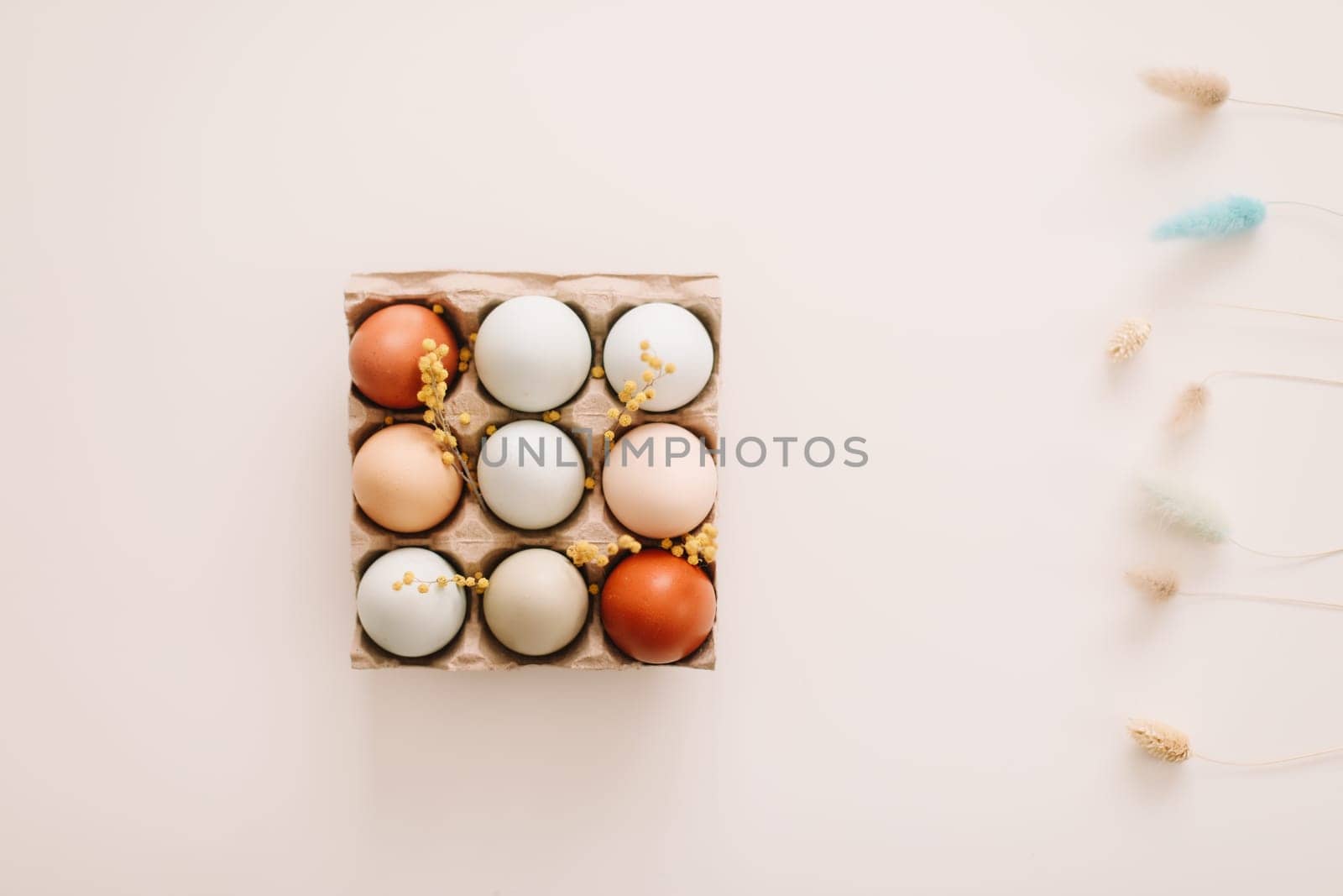 fresh chicken eggs of natural shades and colors in a recycled box on a white background.