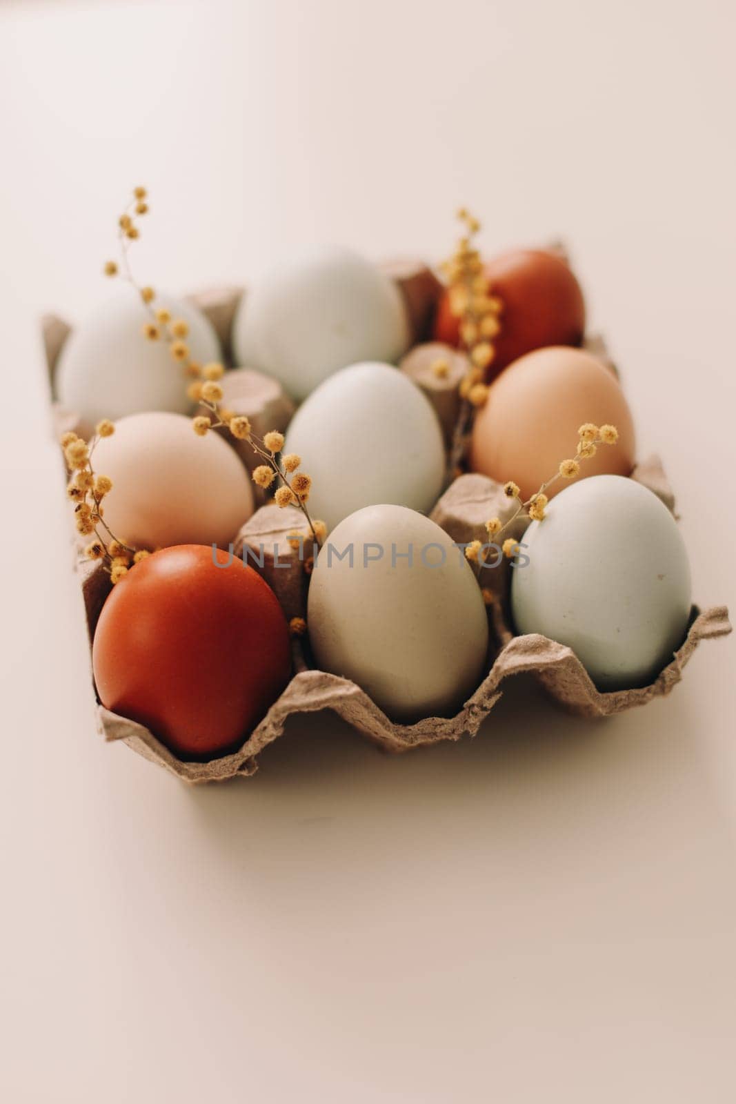 fresh chicken eggs of natural shades and colors in a recycled box on a white background.