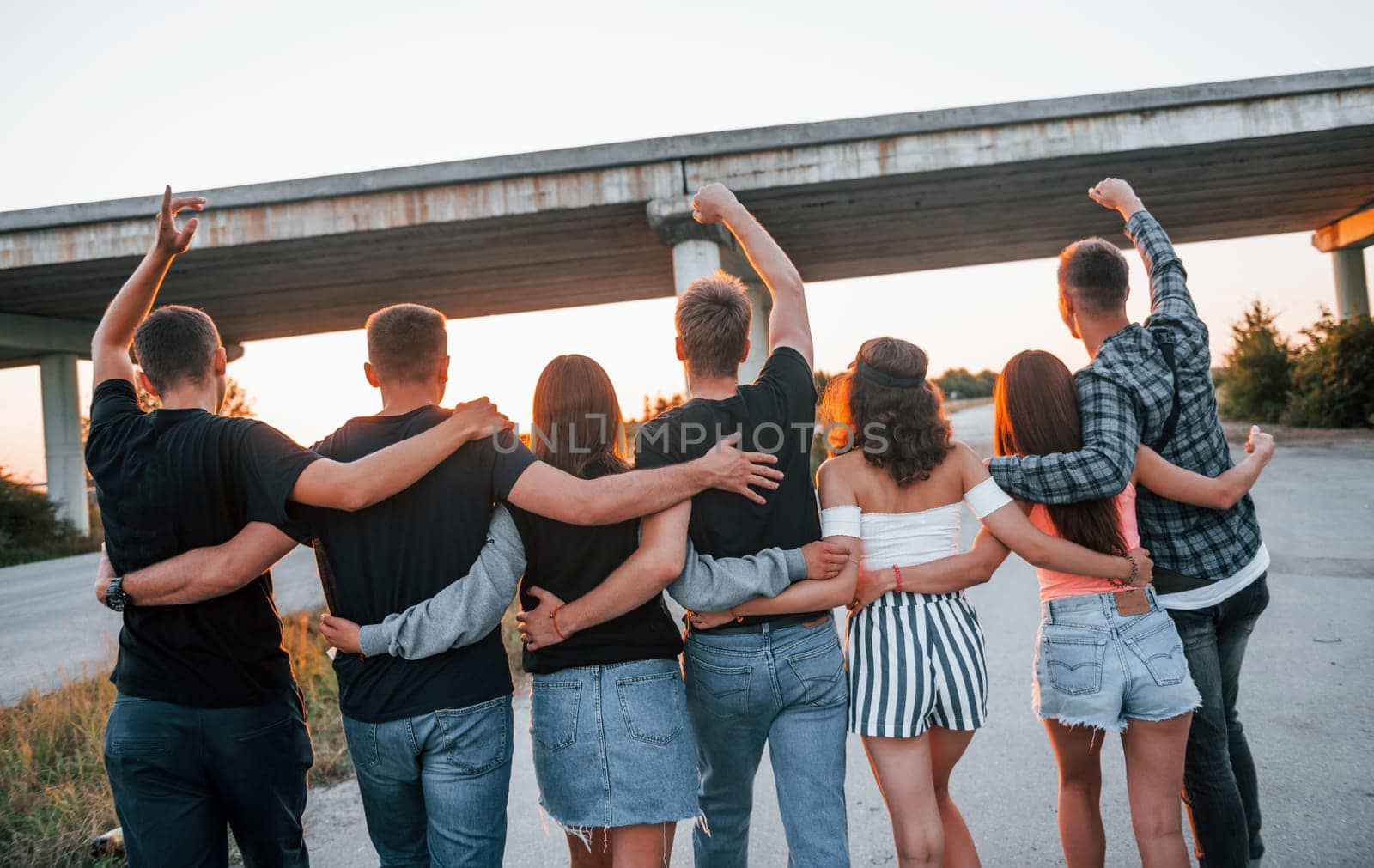 View from behind. Group of young cheerful friends having fun together. Party outdoors.