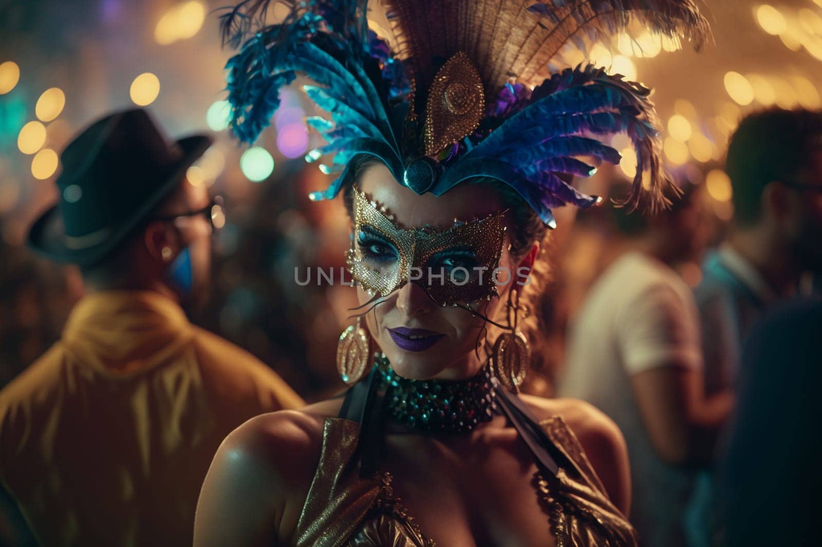 Carnival party festival mask. Colourful mardi gras beads, confetti, feathers. Popular Event in Brazil. Festive Mood.entertainment luxury . Generative AI