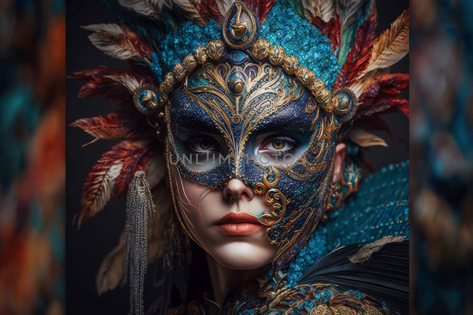 Carnival party festival mask. Colourful mardi gras beads, confetti, feathers. Popular Event in Brazil. Festive Mood.entertainment luxury . Generative AI