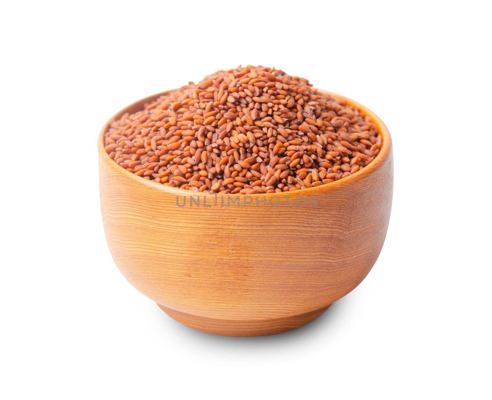 Cress Lepidium sativum seeds in wooden cup isolated on white background, Save clipping path.