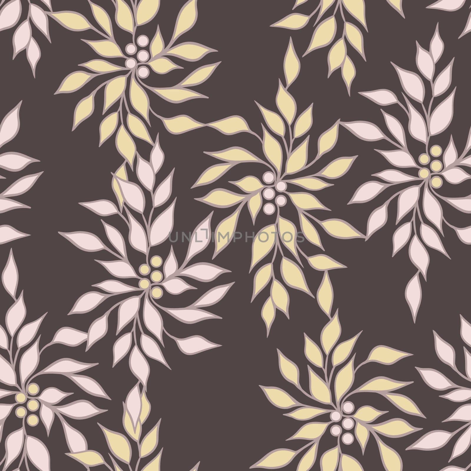 Hand drawn seamless pattern with leaves berries on dark brown background. Pink pastel yellow foliage plant on chocolate, garden retro vintage victorian design, elegant nature botanical art boho style. by Lagmar