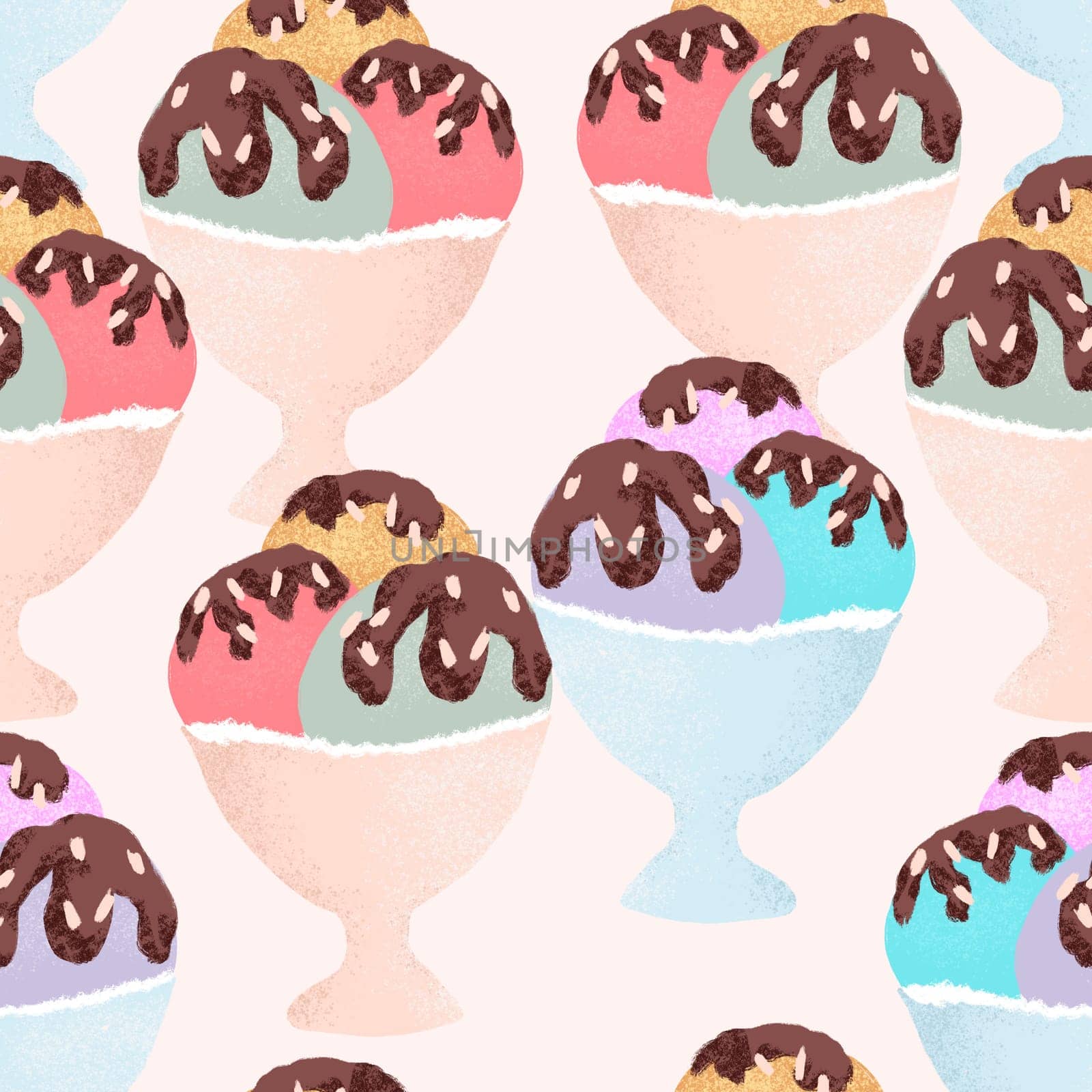 Hand drawn seamless pattern of ice cream in cup bowl, retro vintage style. Pink mint yellow round shape with chocolate, sweet tasty summer holiday food, fun design for colorful beach art. by Lagmar