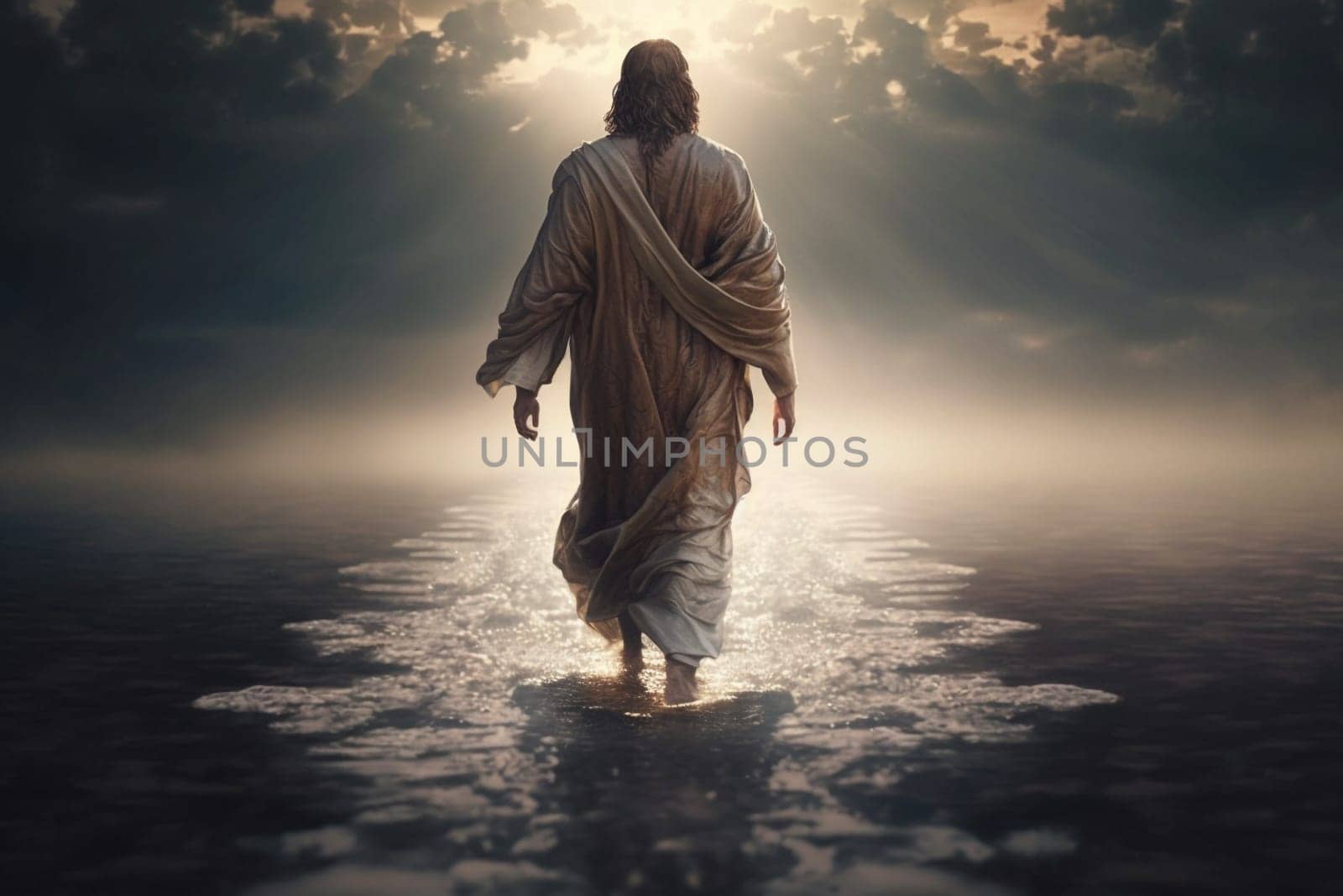 Jesus Christ walks on water. Religious concept . Bible. Faith. Drawing with paints. Painting.